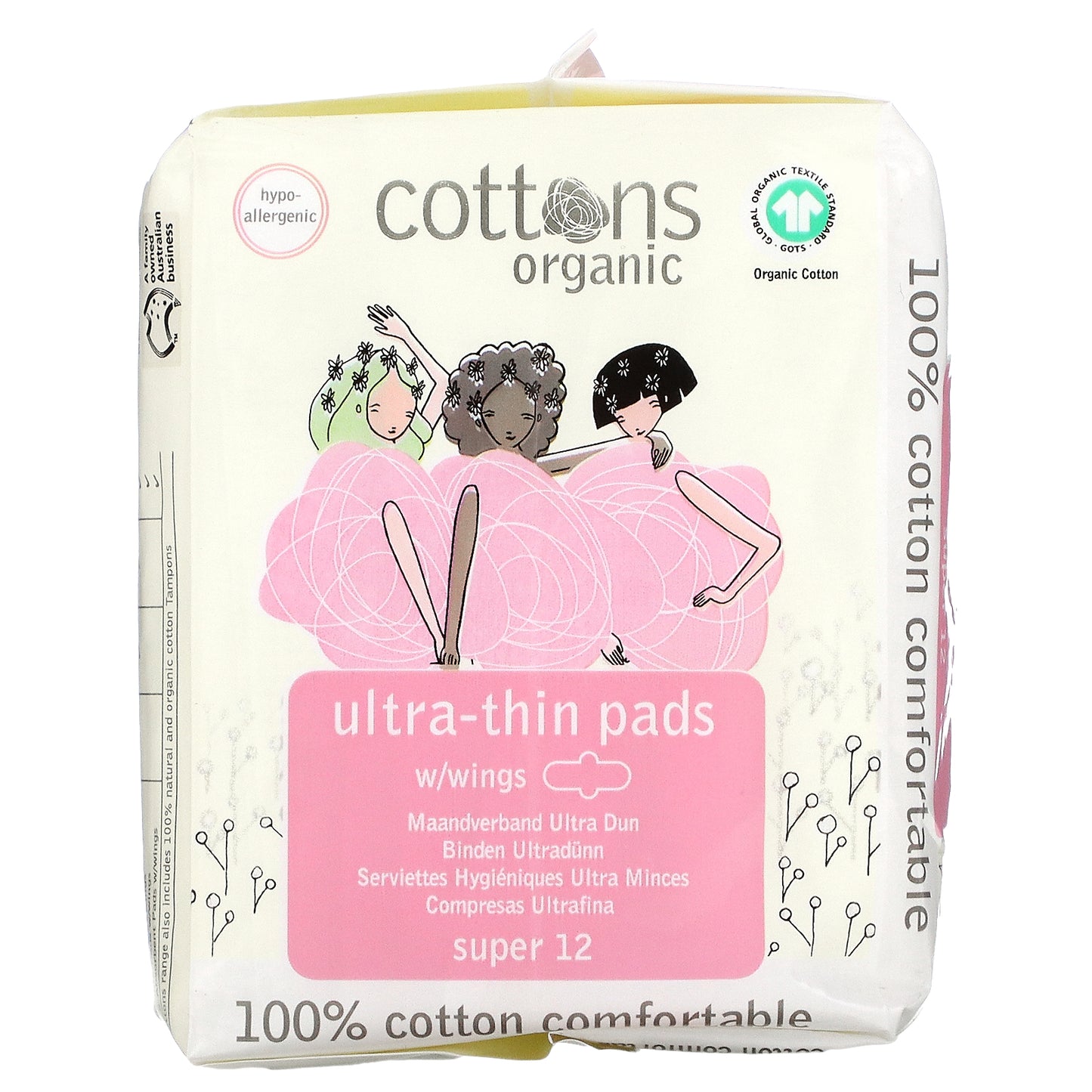 Cottons, Ultra-Thin Pads with Wings, Super, 12 Pads