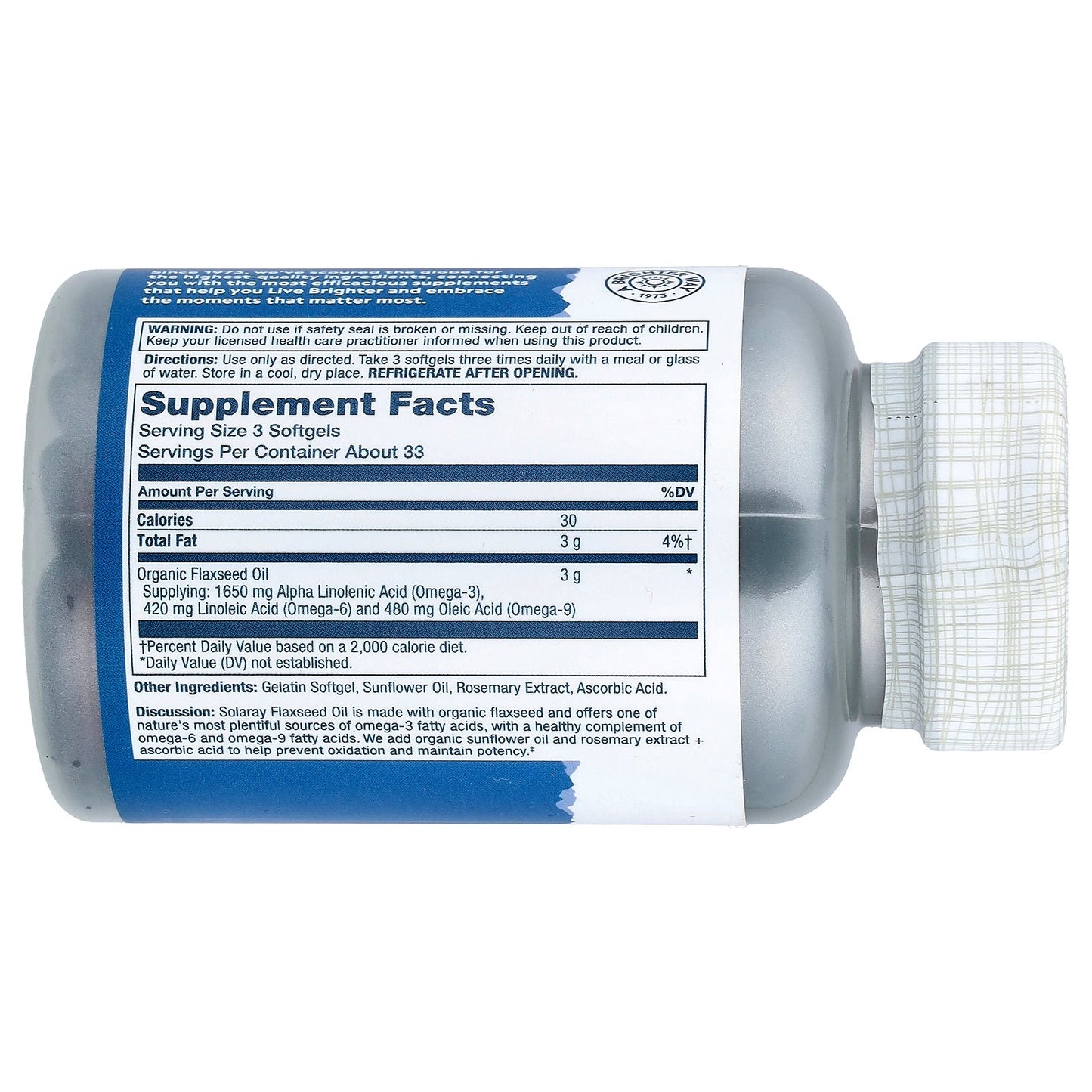 Solaray, Flaxseed Oil, 100 Softgels (1 g per Softgel)