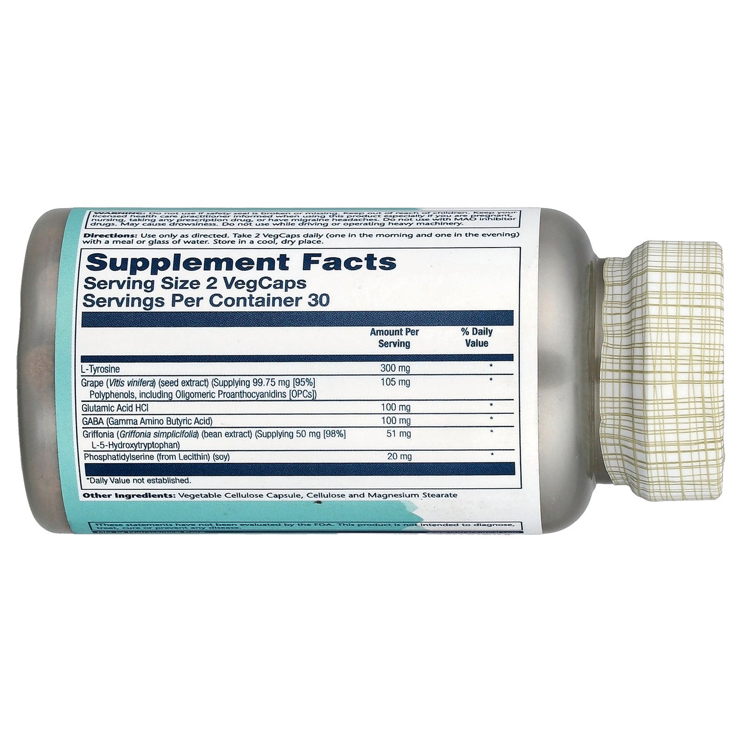 Solaray, Focus For Adults with L-Tyrosine, Grape Seed Extract, Gaba & 5-HTP, 60 VegCaps