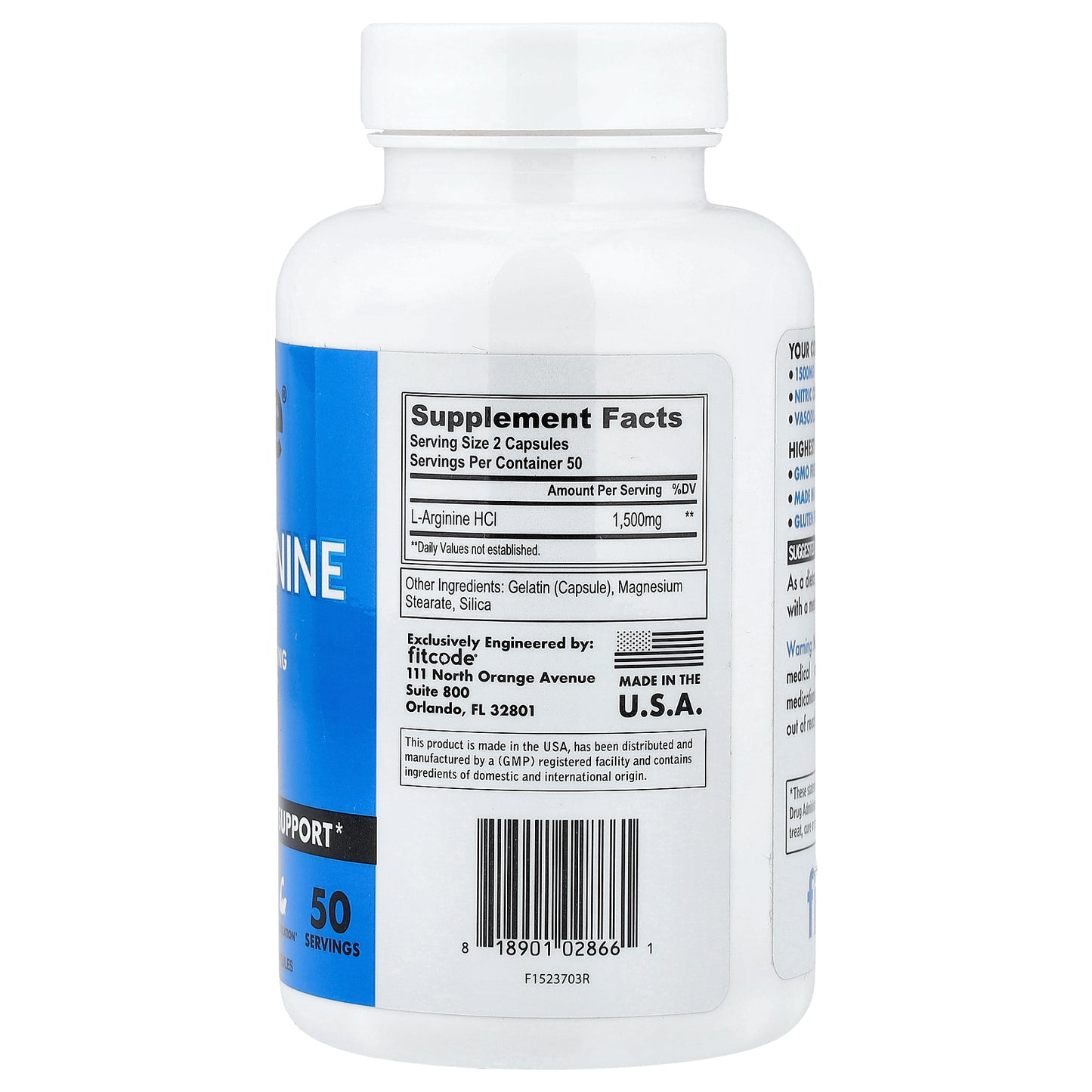 fitcode, L-Arginine, 100 Capsules (750 mg per Capsule)