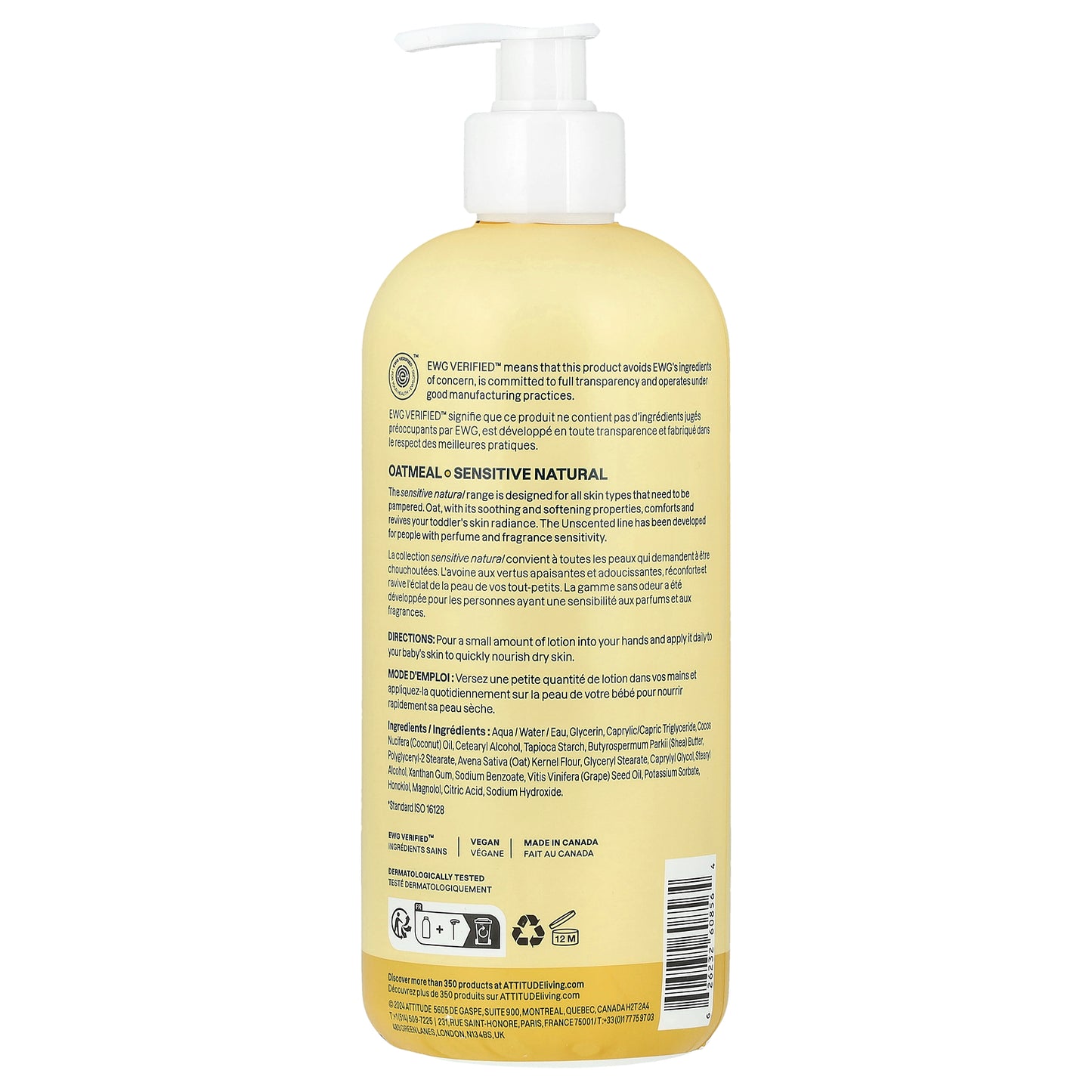 ATTITUDE, Baby Oatmeal Sensitive Natural, Body Lotion, Unscented, 16 fl oz (473 ml)