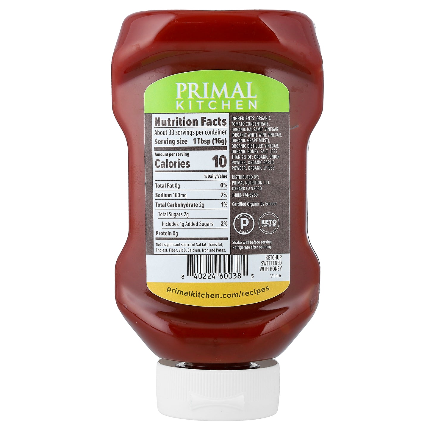 Primal Kitchen, A Tad Sweet™ Ketchup, Sweetened with Honey, 1 lb 2.5 oz (524 g)