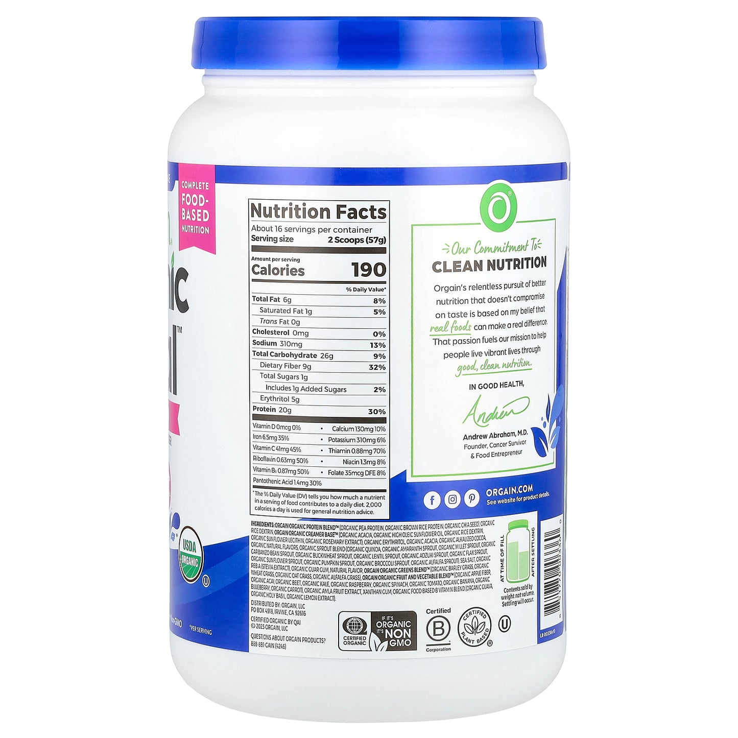 Orgain, Organic Meal™, On-The-Go, Nutrition Plant-Based Shake Powder, Creamy Chocolate Fudge, 2.01 lb (912 g)