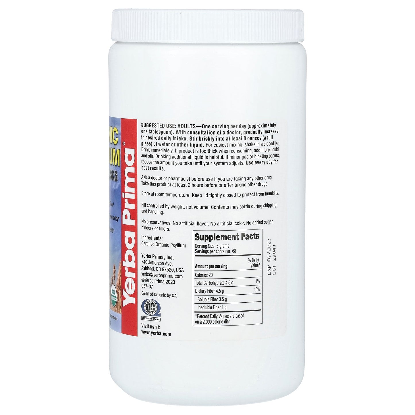 Yerba Prima, Organic Psyllium Whole Husks, 12 oz (340 g)