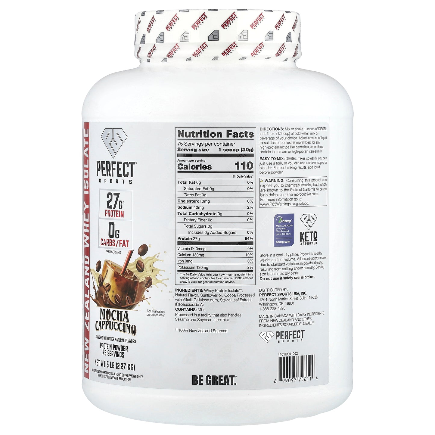 PERFECT Sports, Diesel®, New Zealand Whey Isolate, Mocha Cappuccino, 5 lb (2.27 kg)