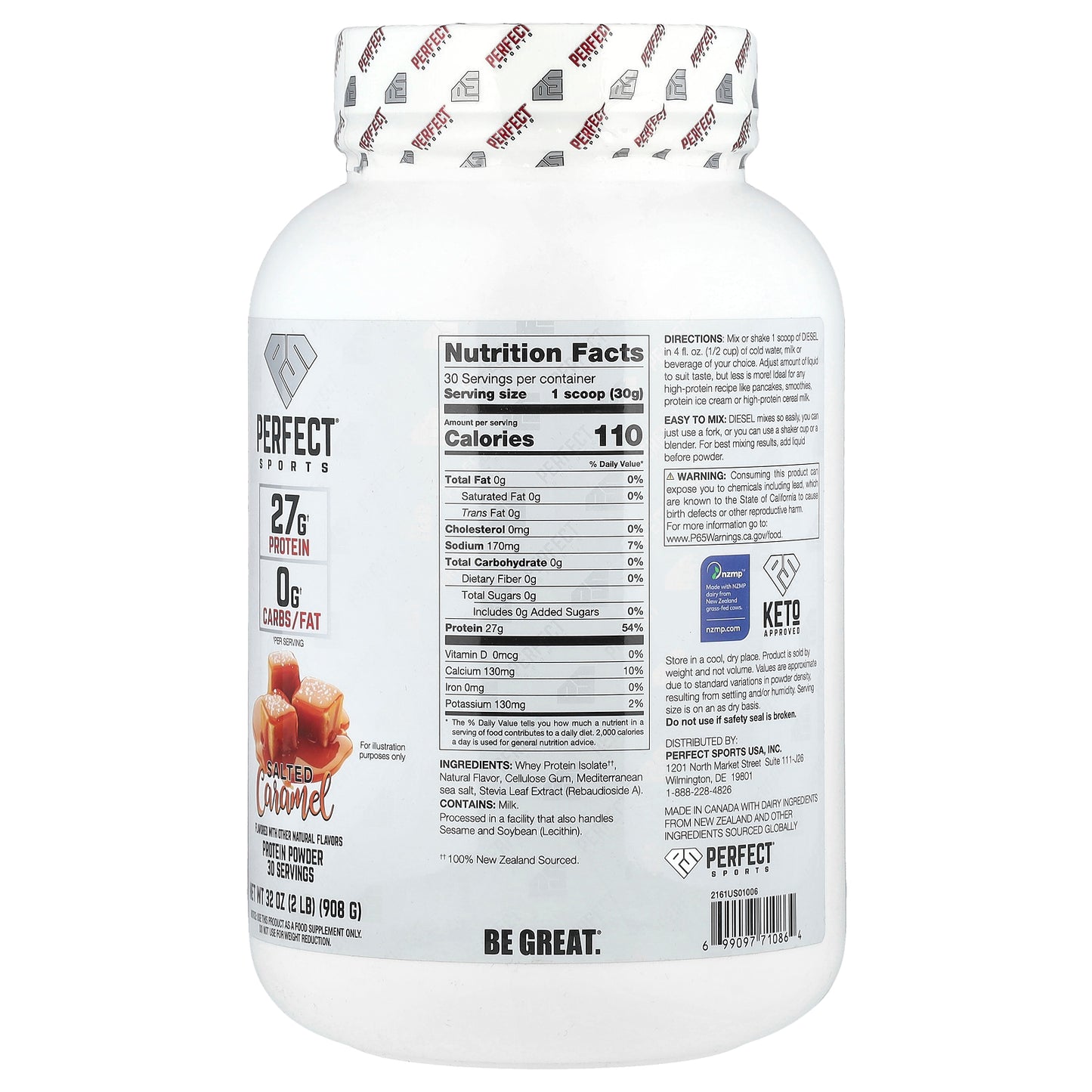 PERFECT Sports, Diesel®, New Zealand Whey Isolate, Salted Caramel, 2 lb (908 g)