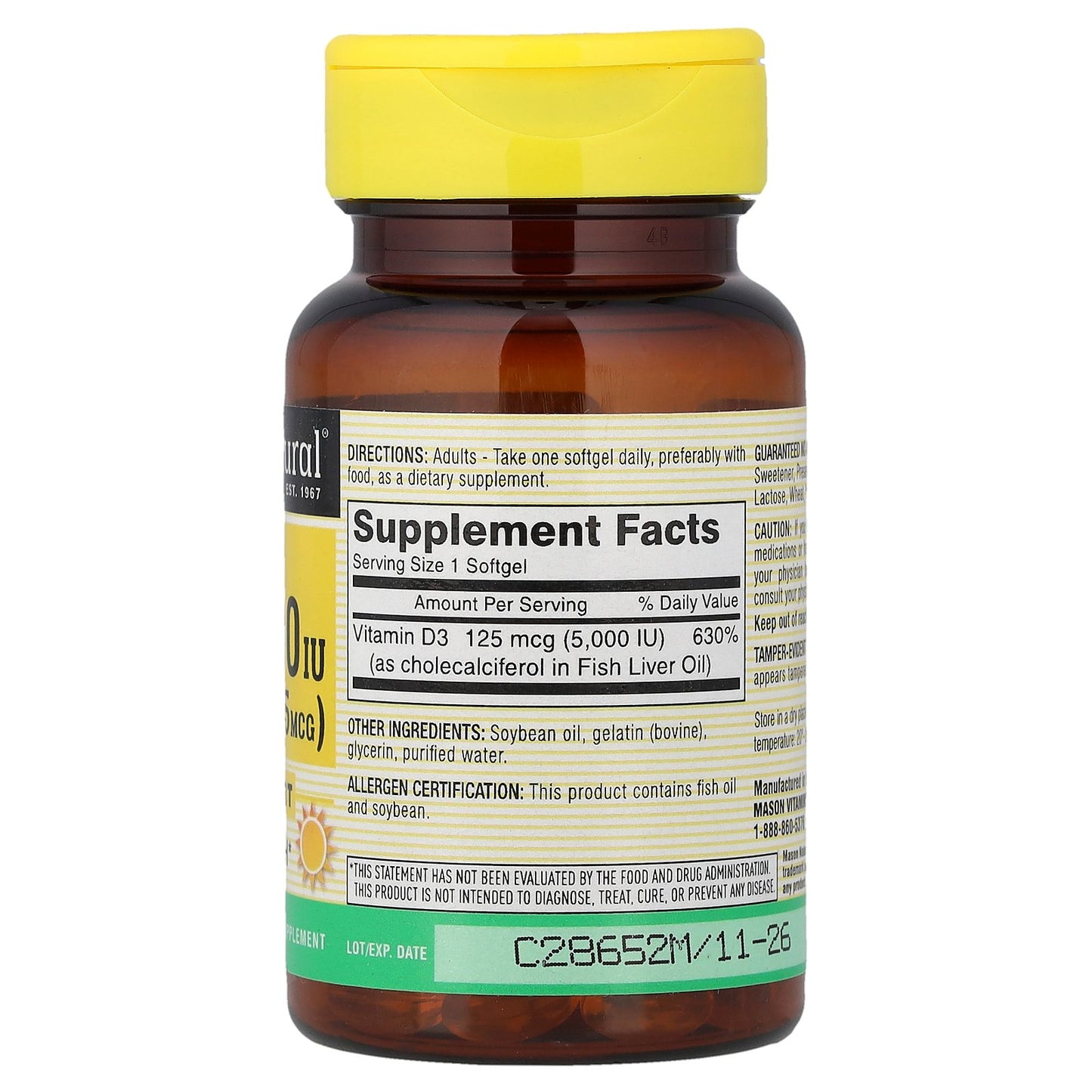 Mason Natural, Vitamin D3, 125 mcg (5000 IU), 100 Softgels