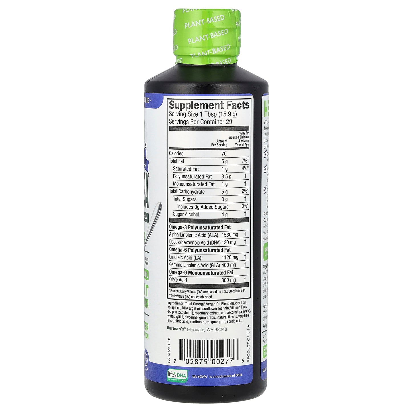 Barlean's, Plant Based Total Omega 3 · 6 · 9, Pomegranate Blueberry Smoothie, 3,980 mg, 16 oz (454 g)