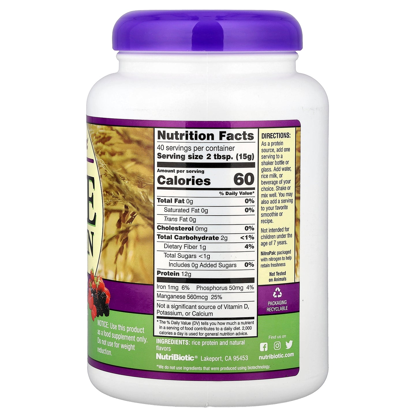 NutriBiotic, Rice Protein Powder, Mixed Berry, 21.16 oz (600 g)
