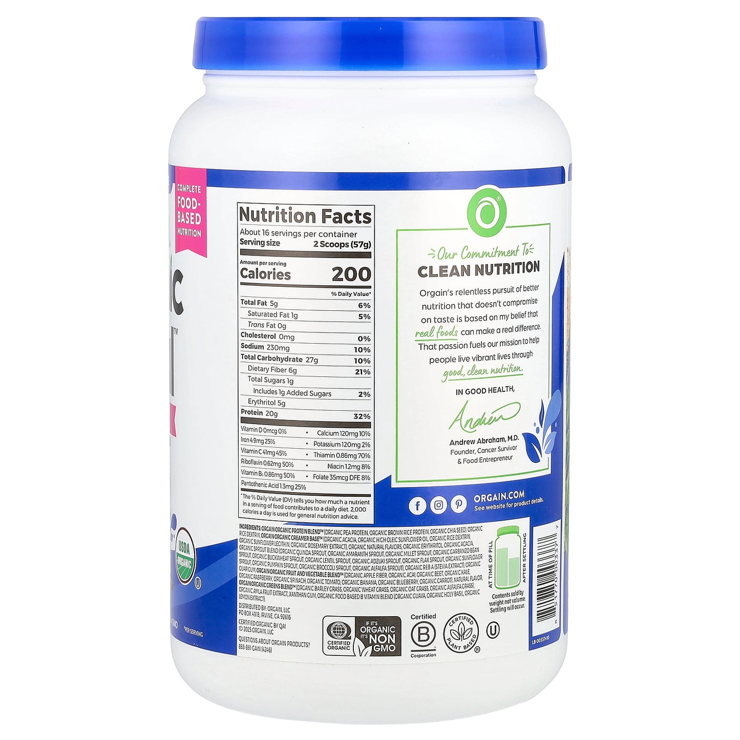 Orgain, Organic Meal™, On-The-Go Nutrition Shake Powder, Vanilla Bean, 2.01 lb (912 g)