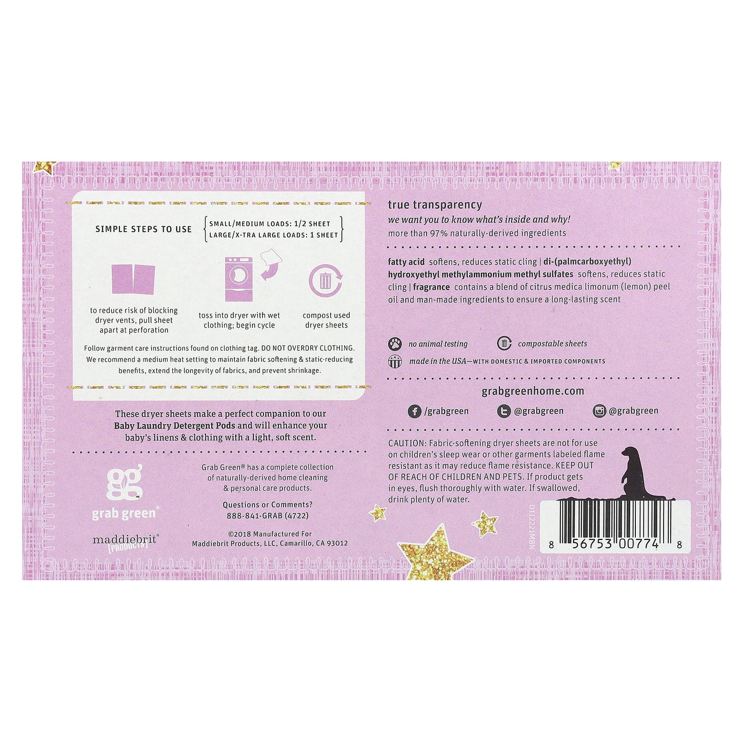 Grab Green, Baby Dryer Sheets, 5+ Months, Dreamy Rosewood with Essential Oils, 80 Compostable Sheets