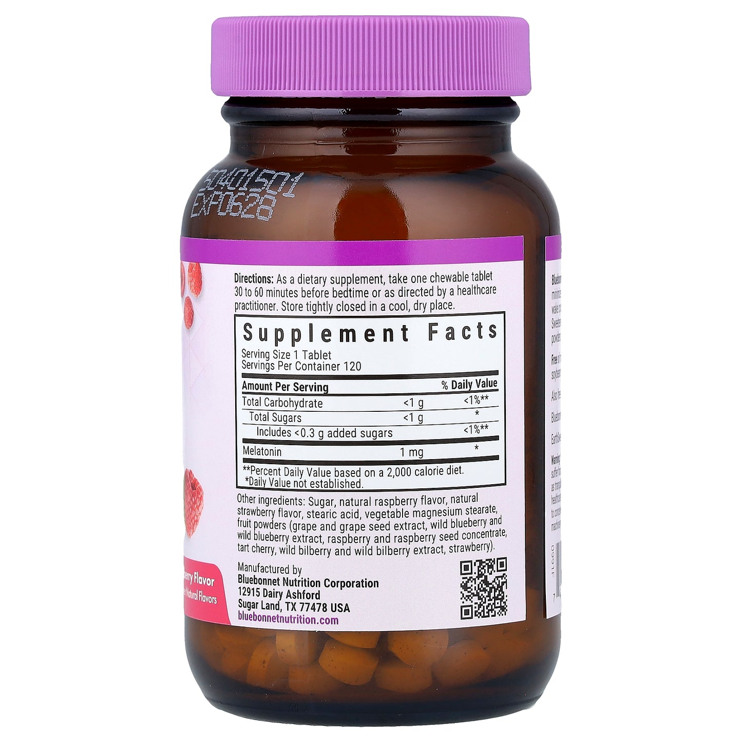 Bluebonnet Nutrition, Earth Sweet® Chewables, Melatonin, Raspberry, 1 mg, 120 Chewable Tablets