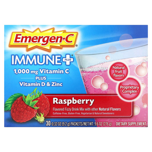 Emergen-C, Immune+, Vitamin C Plus Vitamin D & Zinc, Raspberry, 30 Packets, 0.32 oz (9.2 g) Each