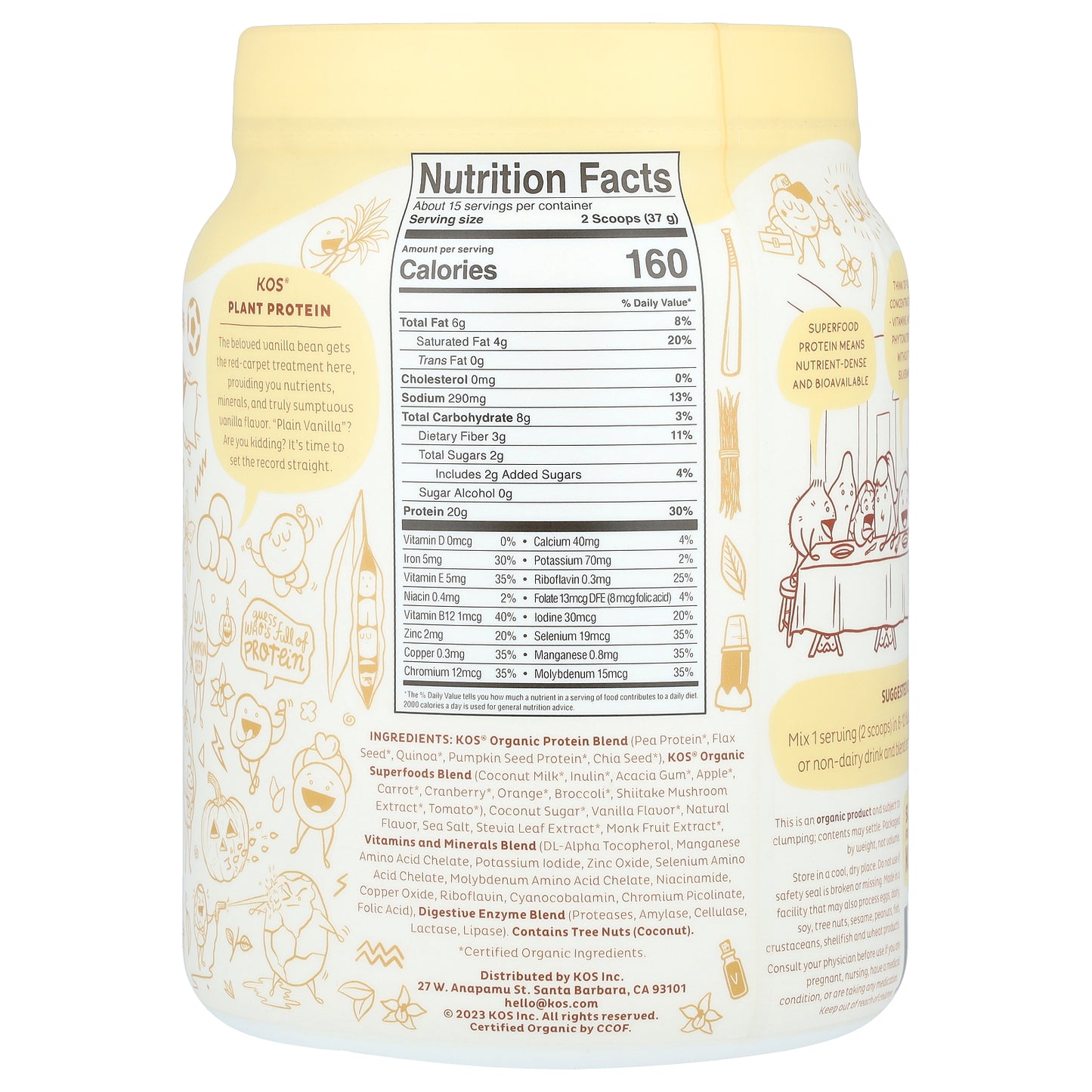 KOS, Organic Superfood Plant Protein Powder, Vanilla, 1.2 lb (555 g)