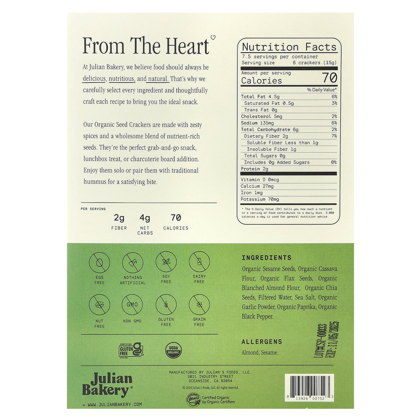 Julian Bakery, Organic Seed Crackers, Salt & Pepper, 4 oz (113 g)