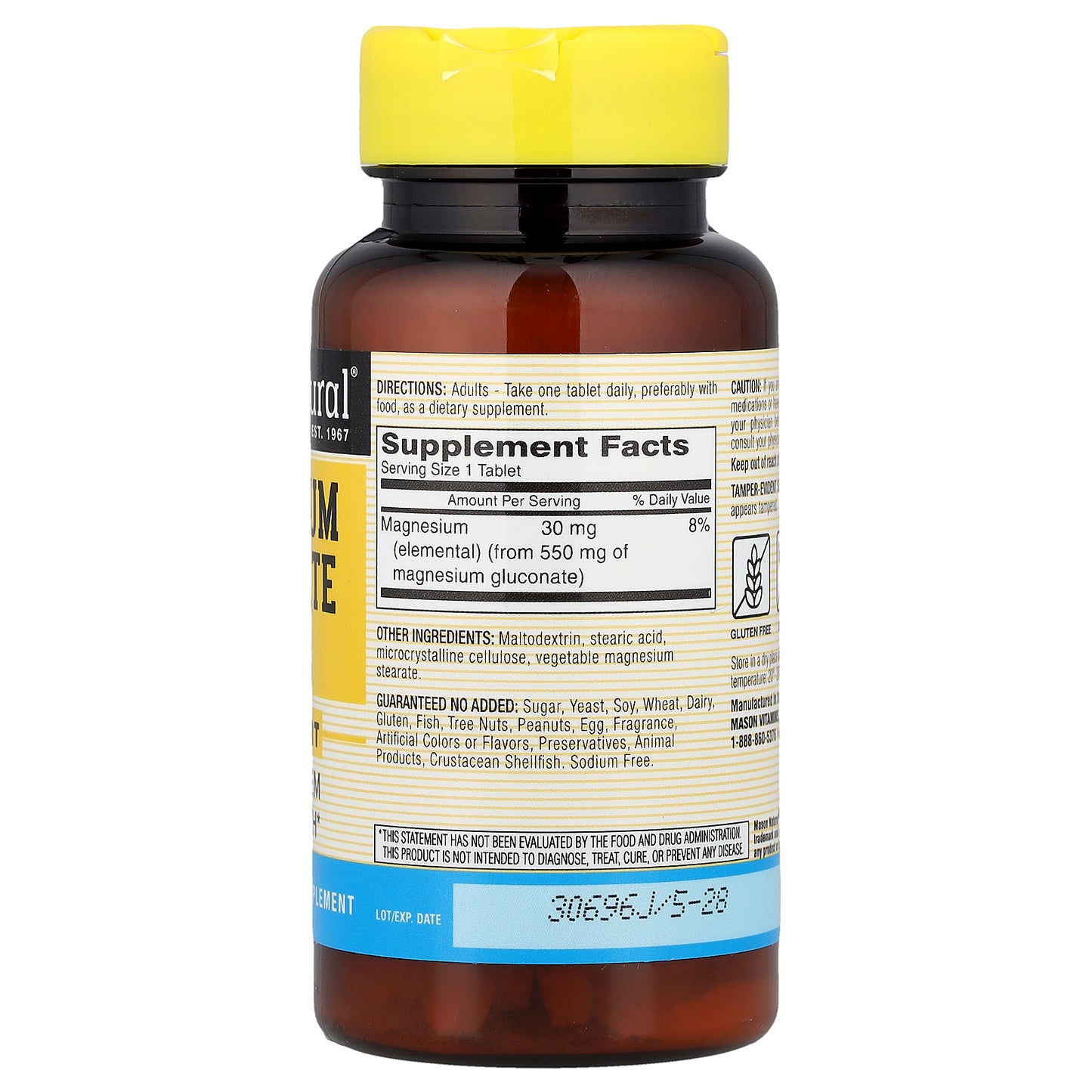 Mason Natural, Magnesium Gluconate, 100 Tablets (30 mg per Tablet)