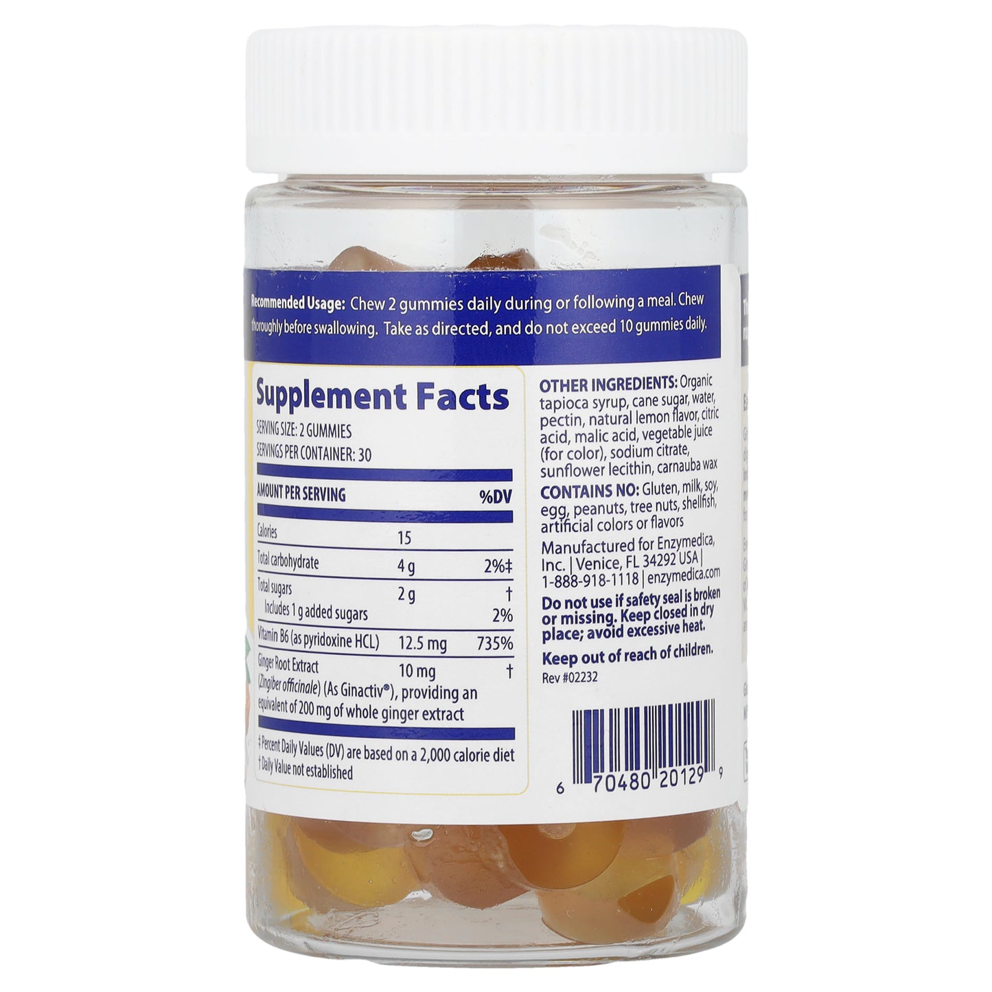 Enzymedica, Ginger & Vitamin B6 Gummies, Lemon Ginger, 60 Gummies