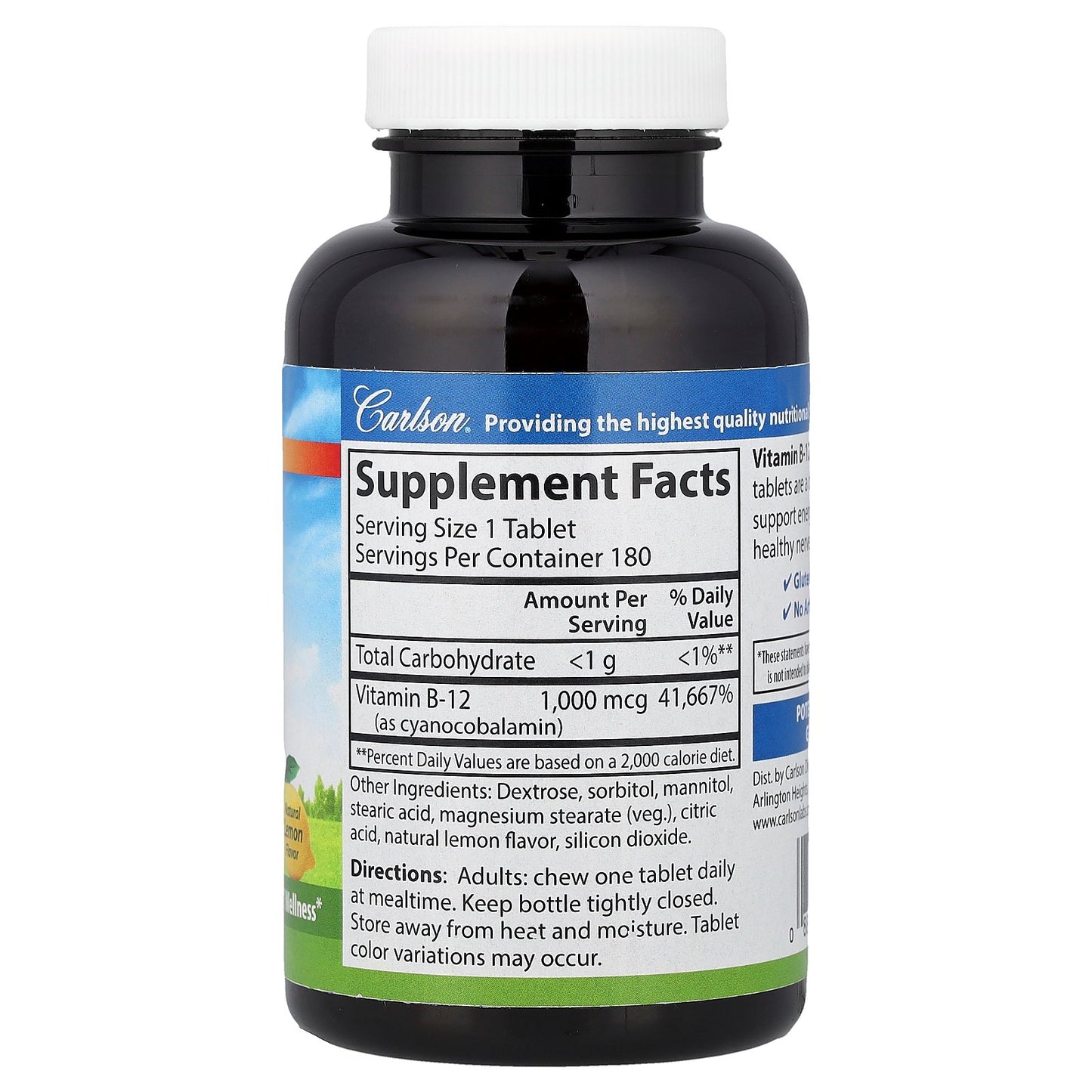 Carlson, Chewable B-12, Natural Lemon, 1,000 mcg, 180 Tablets