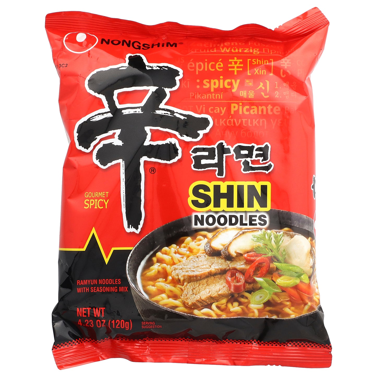 Nongshim, Shin Noodles, Gourmet Spicy, 4 Bags, 4.23 oz (120 g) Each