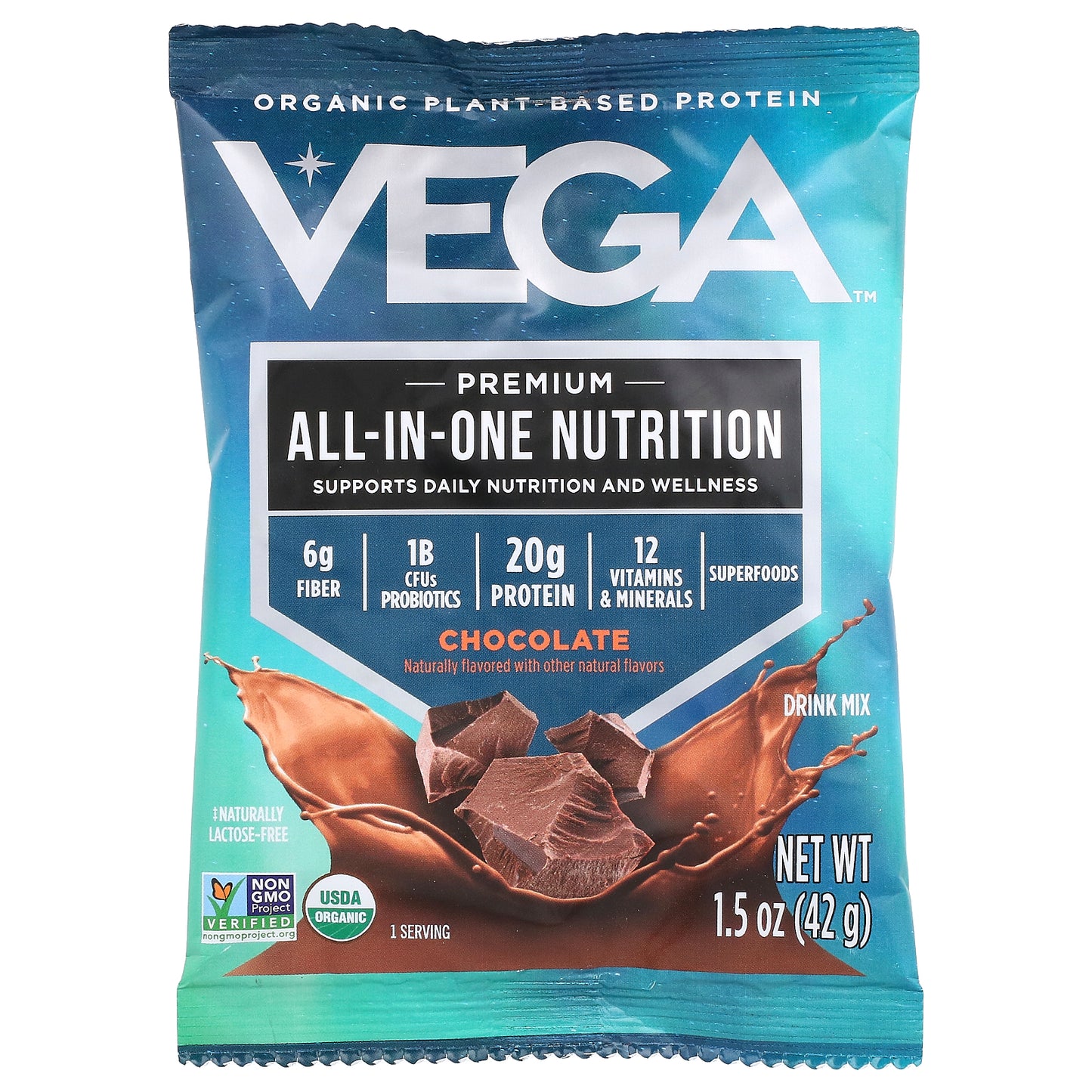 Vega, Organic Plant-Based Protein, Premium All-In-One Nutrition, Chocolate, 10 Packs, 1.5 oz (42 g) Each