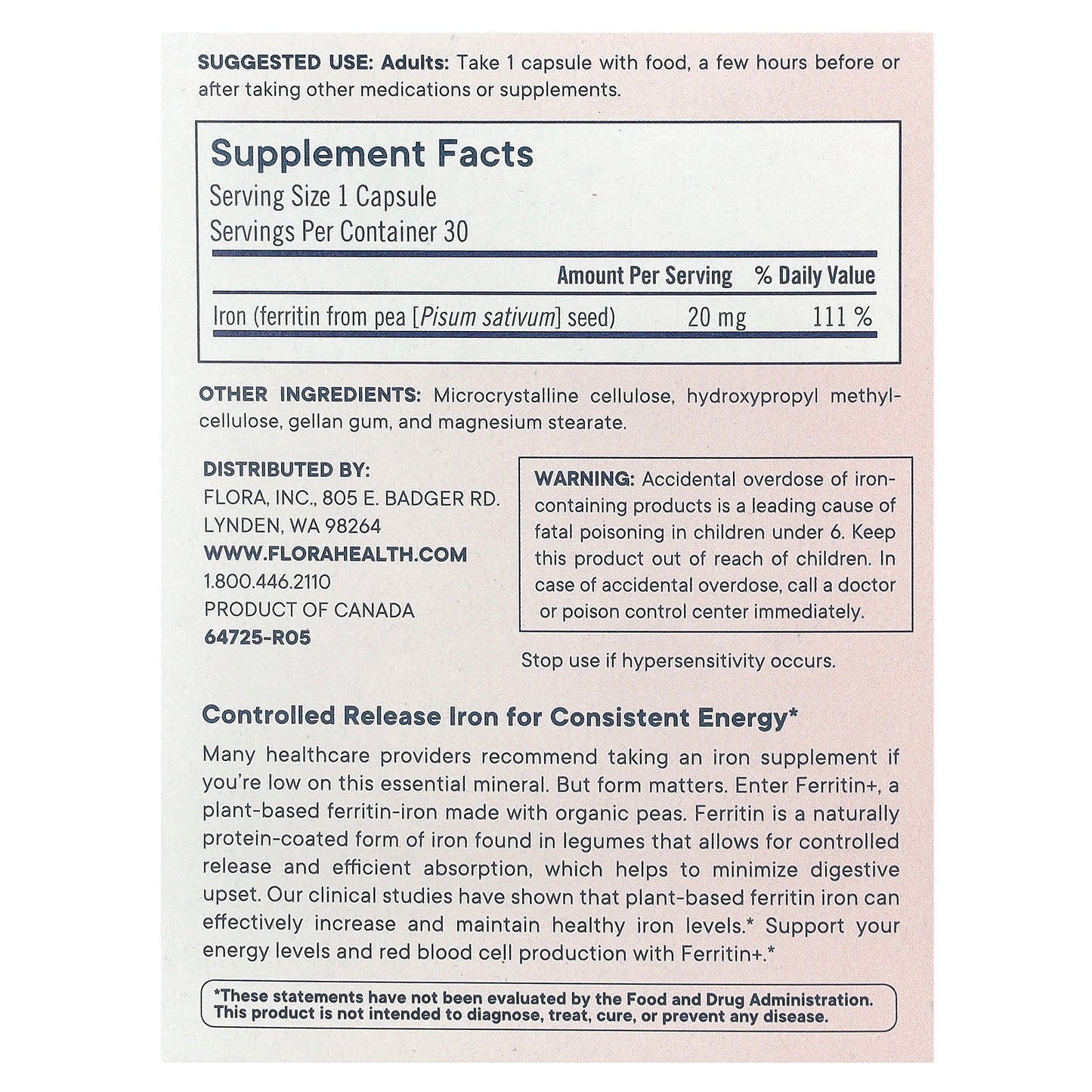 Flora, Ferritin+®, Plant-Based Ferritin Iron, 30 Delayed Release Vegan Capsules (20 mg per Capsule)