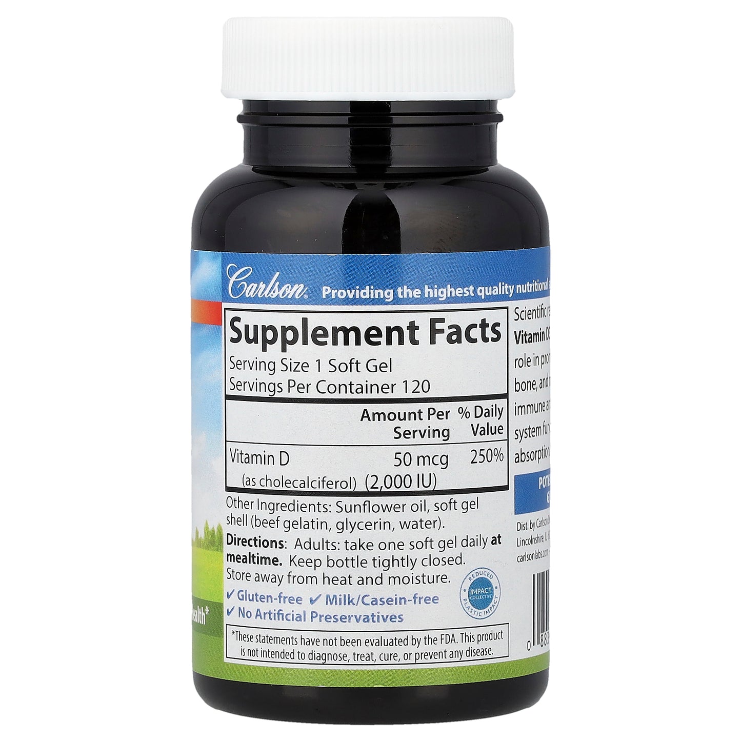 Carlson, Vitamin D3, 50 mcg (2,000 IU), 120 Soft Gels