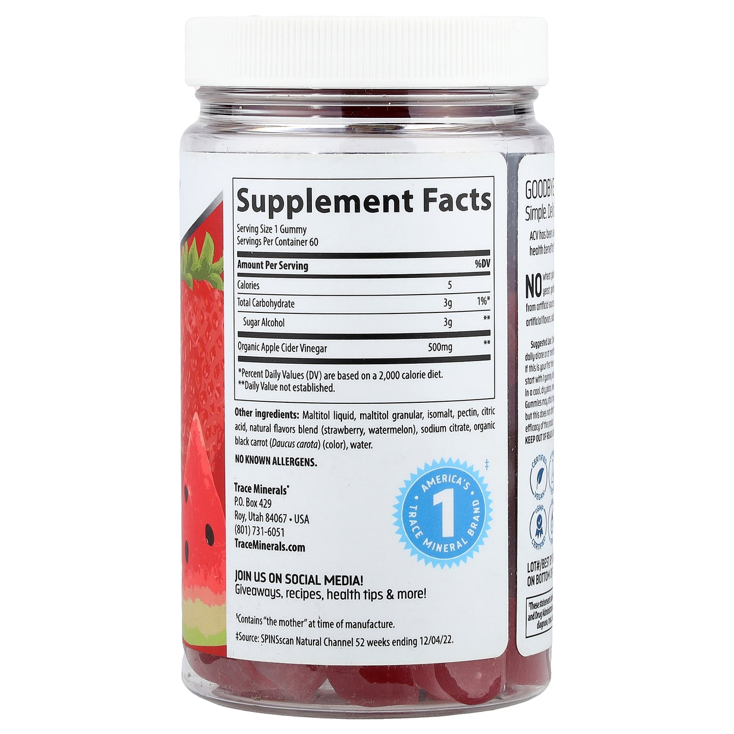 Trace, Apple Cider Vinegar Gummies, Strawberry Melon , 500 mg, 60 Gummies