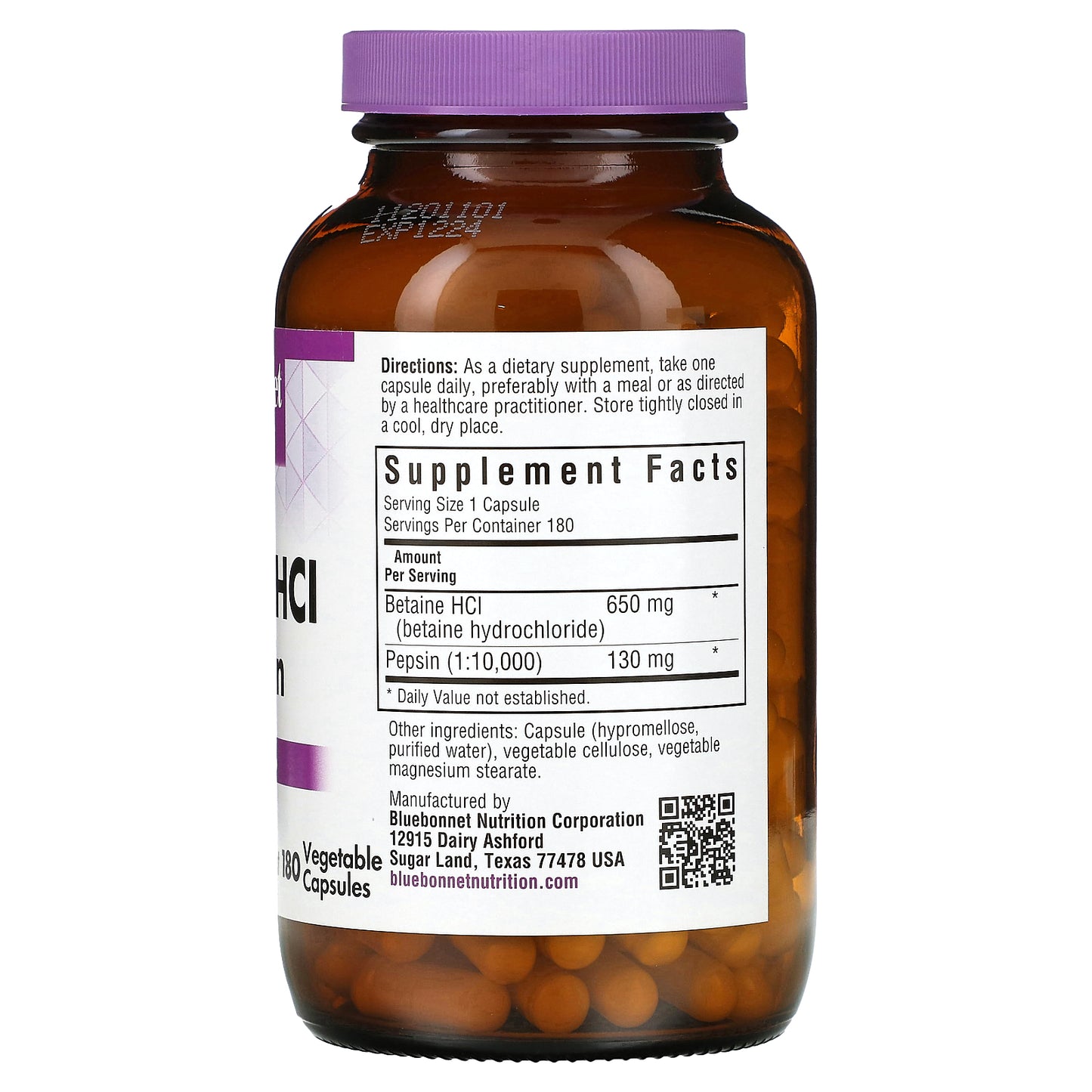 Bluebonnet Nutrition, Betaine HCl & Pepsin, 180 Vegetable Capsules