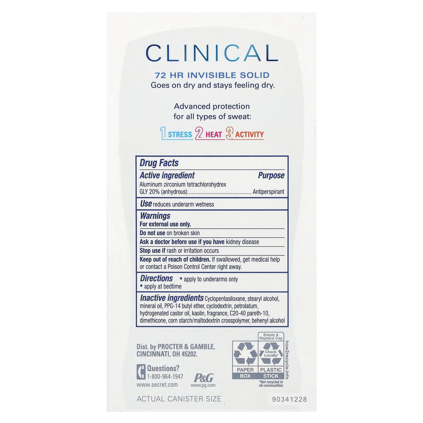 Secret, Clinical, 72 Hr Invisible Solid, Antiperspirant/Deodorant, Stress Response, 1.6 oz (45 g)