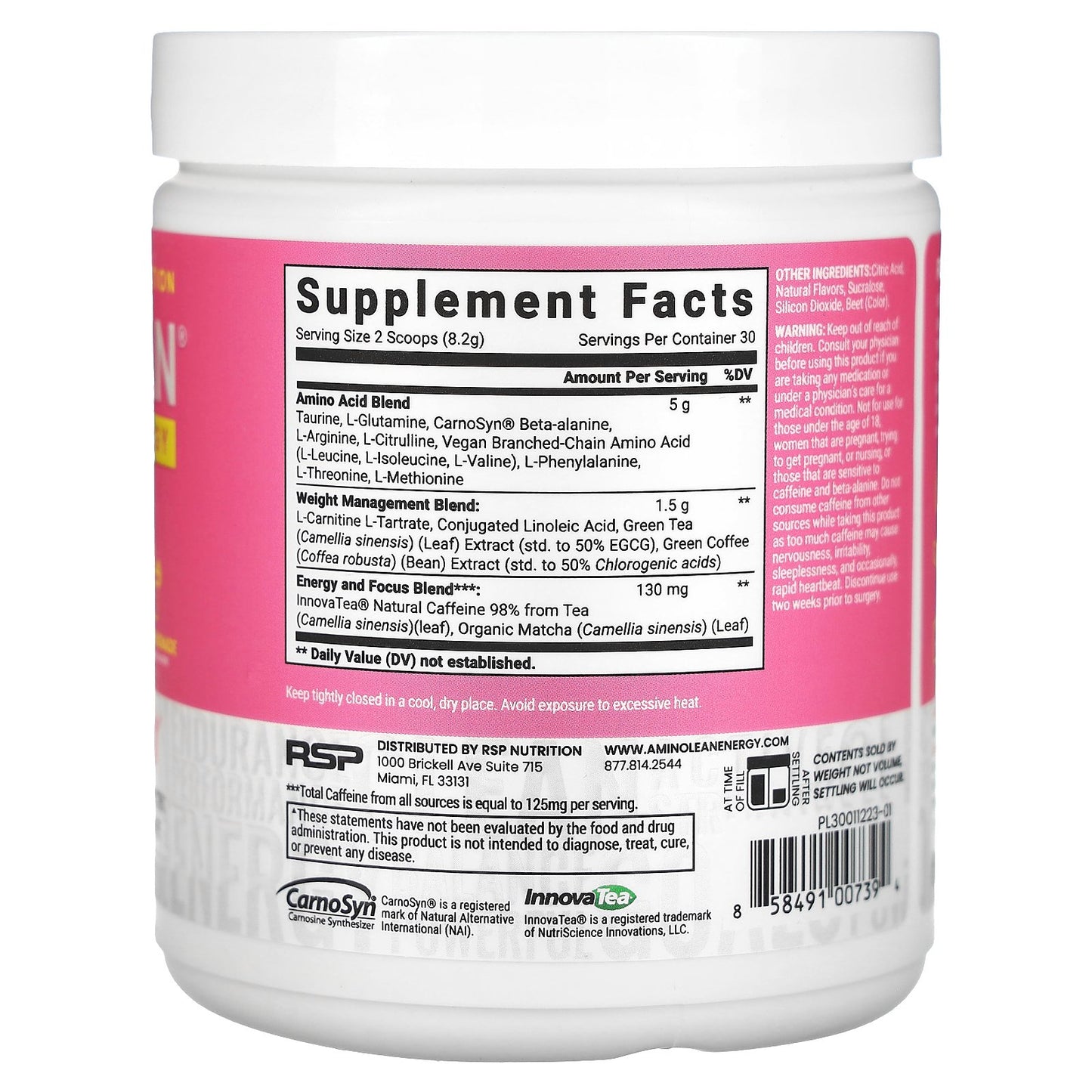 RSP Nutrition, AminoLean, Energy, Pink Lemonade, 8.68 oz (246 g)