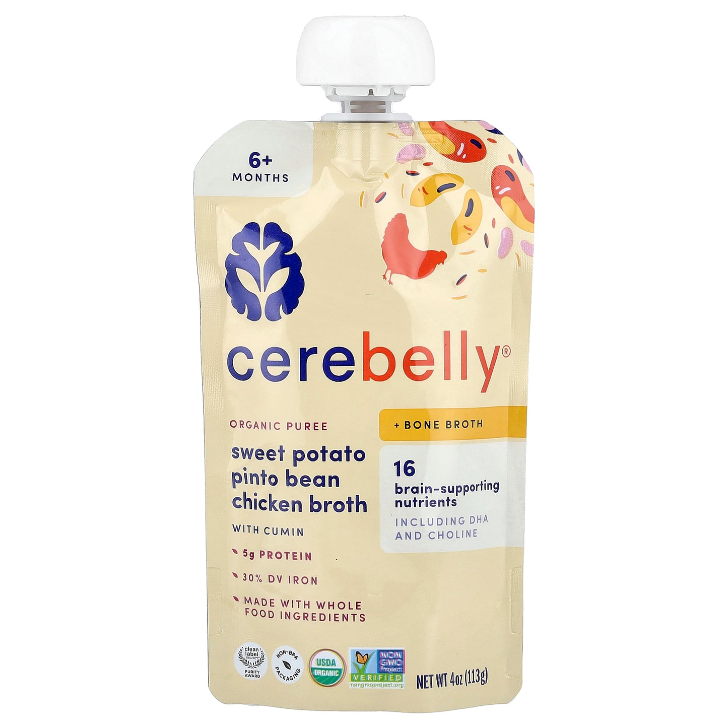 Cerebelly, Organic Puree, 6+ Months, Sweet Potato, Pinto Bean, Chicken Broth with Cumin, 6 Pouches, 4 oz (113 g) Each