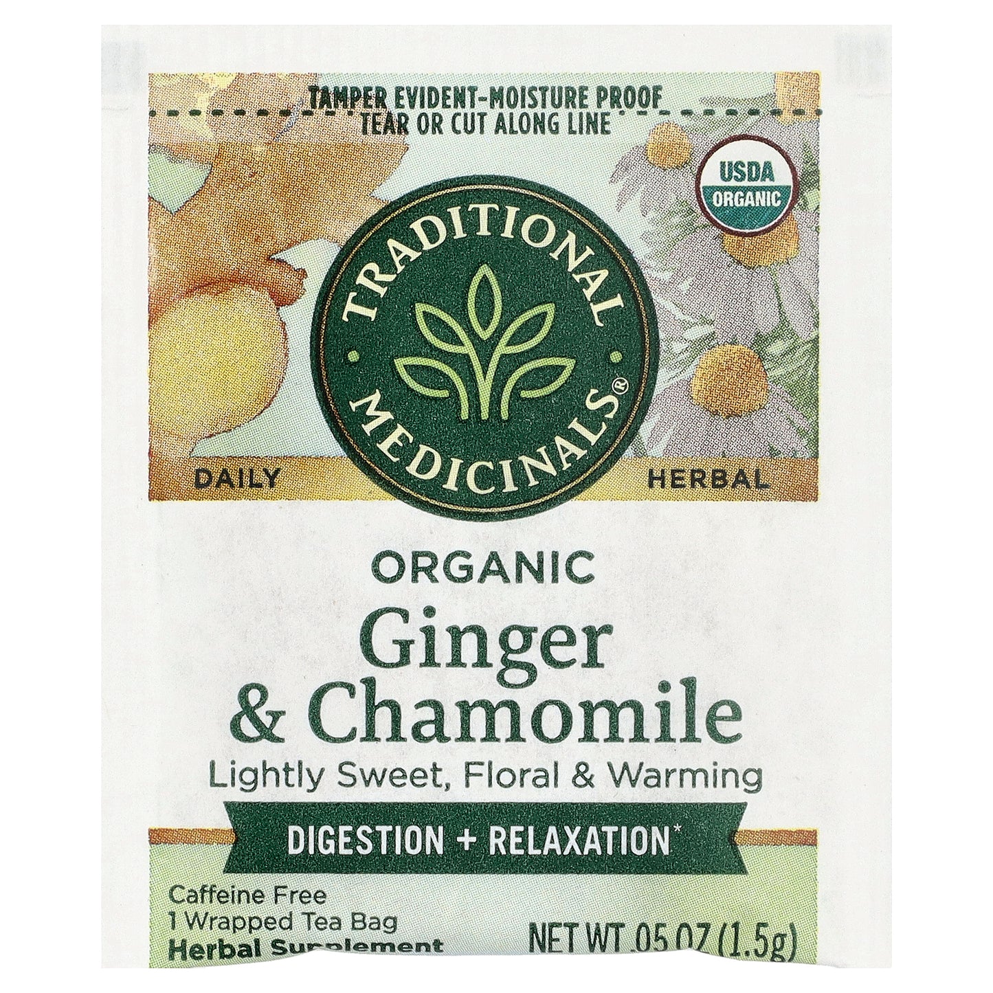 Traditional Medicinals, Organic Ginger & Chamomile, Caffeine Free, 16 Wrapped Tea Bags, 0.85 oz (24 g)