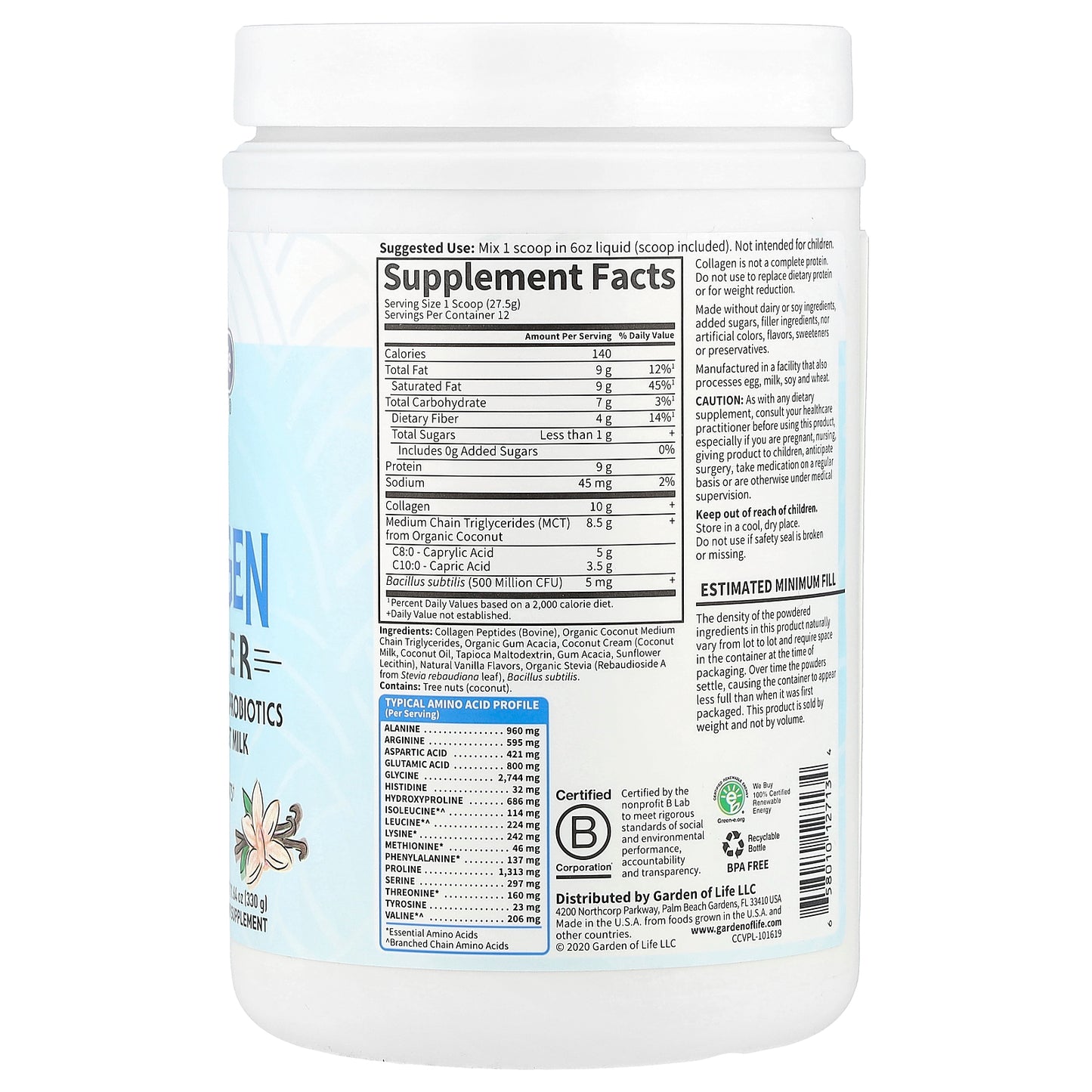 Garden of Life, Grass Fed Collagen Creamer, Creamy Vanilla, 11.64 oz (330 g)