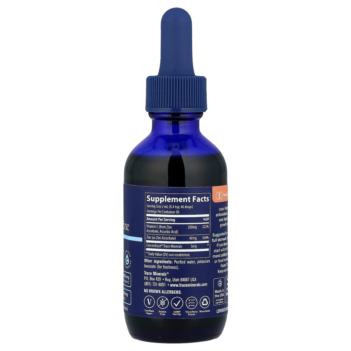 Trace, Ionic Vitamin C + Zinc, Liquid Mineral Supplement, 2 fl oz (59 ml)