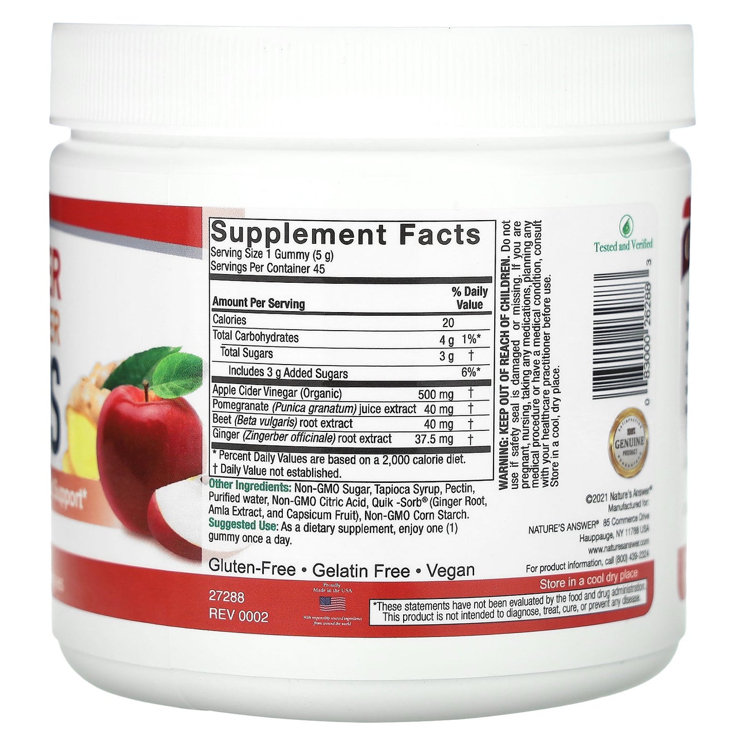 Nature's Answer, Apple Cider Vinegar + Ginger Gummies with The Mother, 500 mg, 45 Pectin Gummies