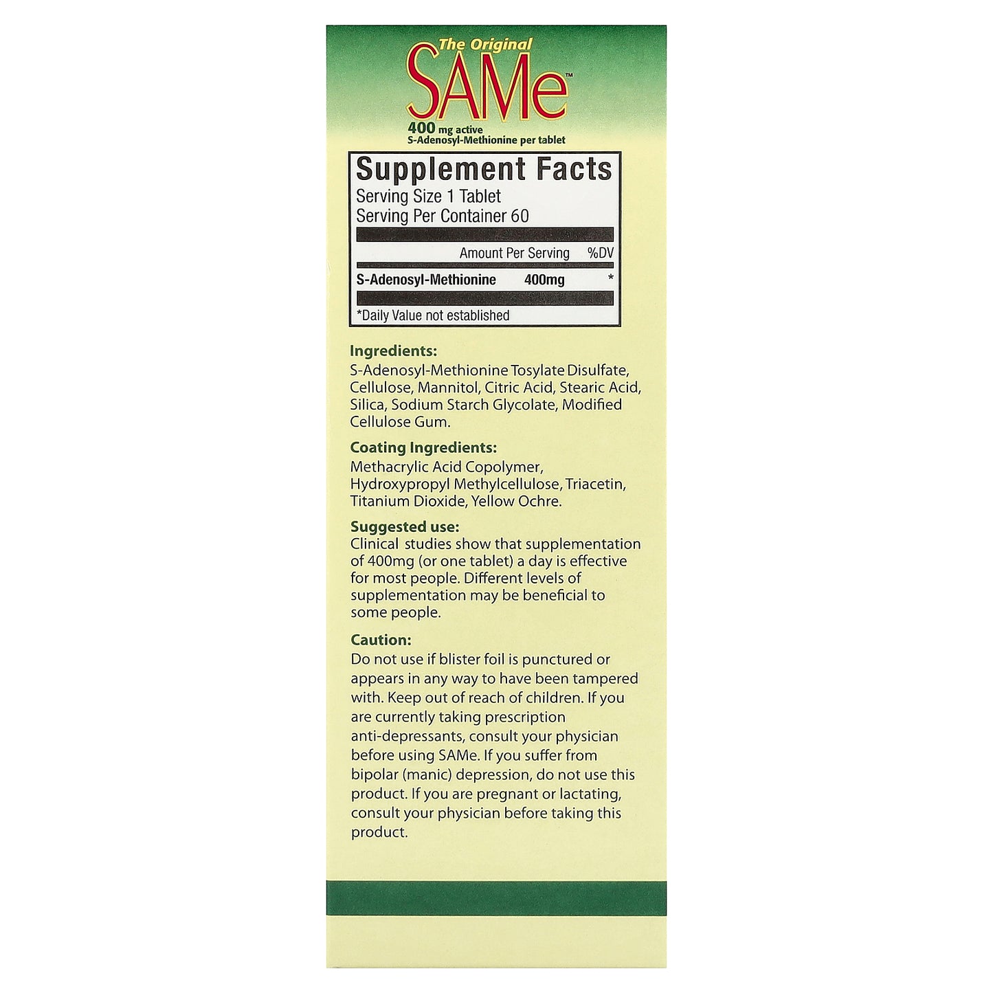 NutraLife, SAMe, 400 mg, 60 Enteric Coated Tablets