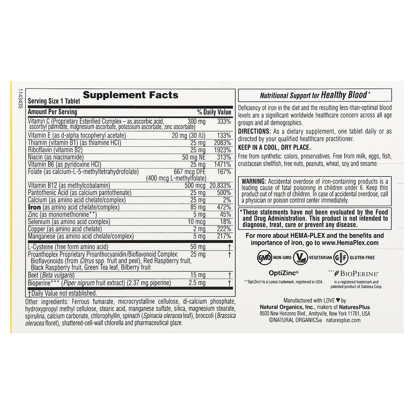 NaturesPlus, Hema-Plex®, Iron with Essential Nutrients for Healthy Red Blood Cells , 10 Slow Release Tablets