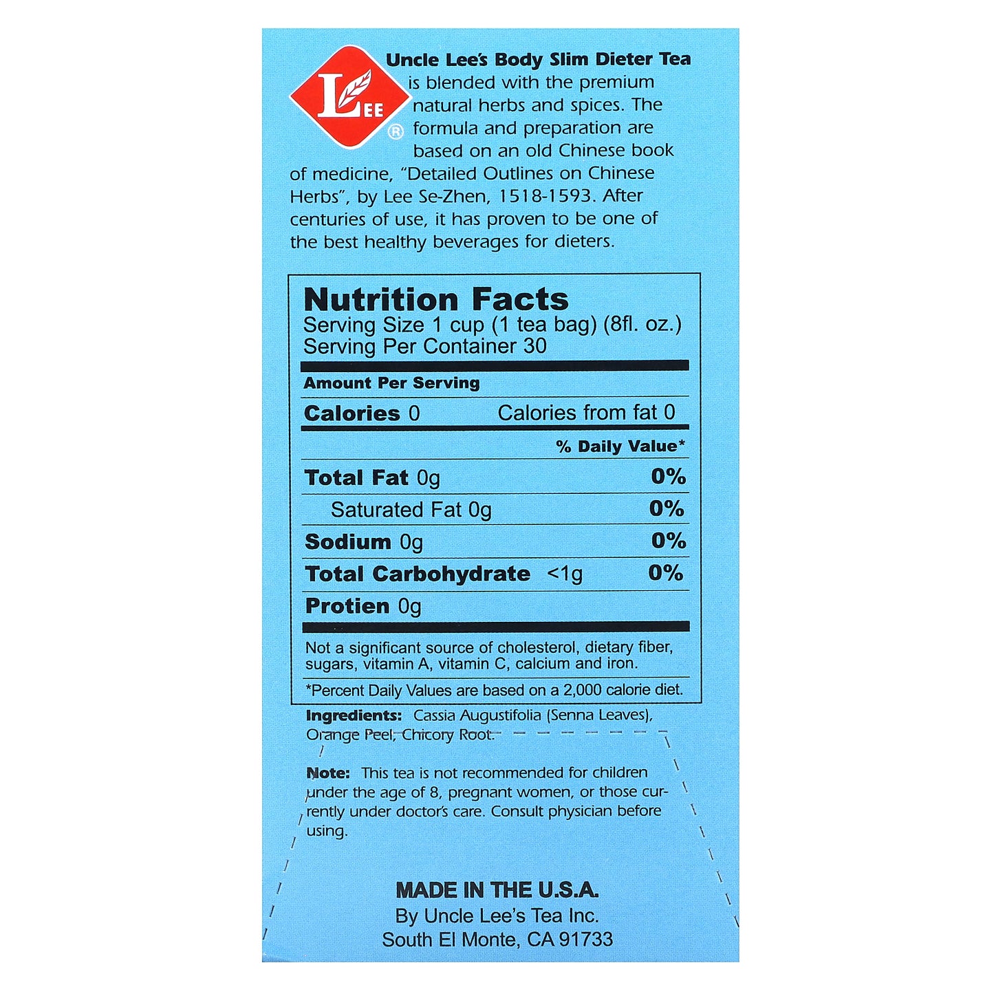 Uncle Lee's Tea, Body Slim Dieter Tea, Original, Caffeine Free, 30 Tea Bags, 2.12 oz (60 g)