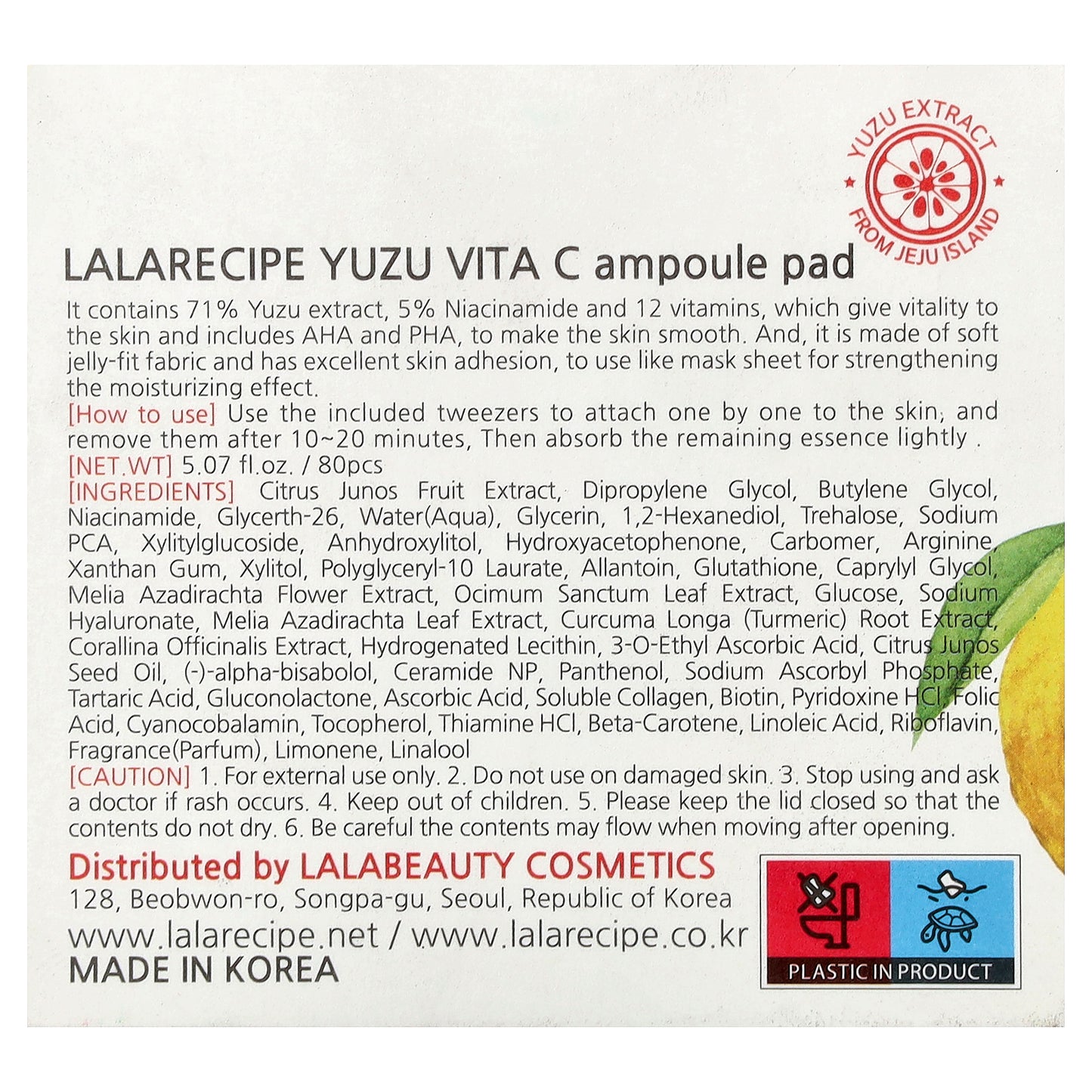 Lalarecipe, Yuzu Vita C Ampoule Pad, Illuminating Beauty Mask Pad, 80 Pads, 5.07 fl oz (150 ml)