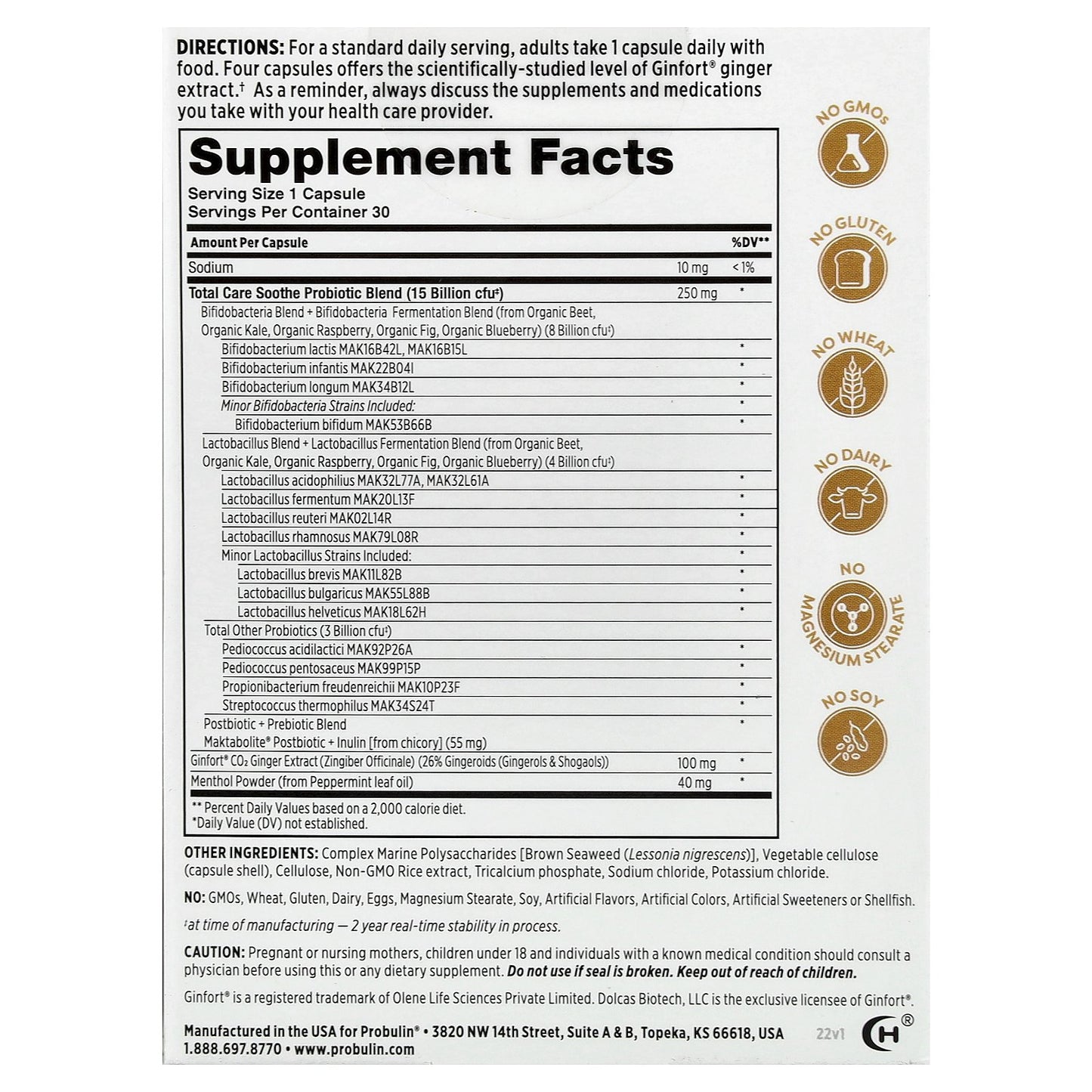 Probulin, Total Care Soothe Probiotic + Prebiotic & Postbiotic, 30 Capsules