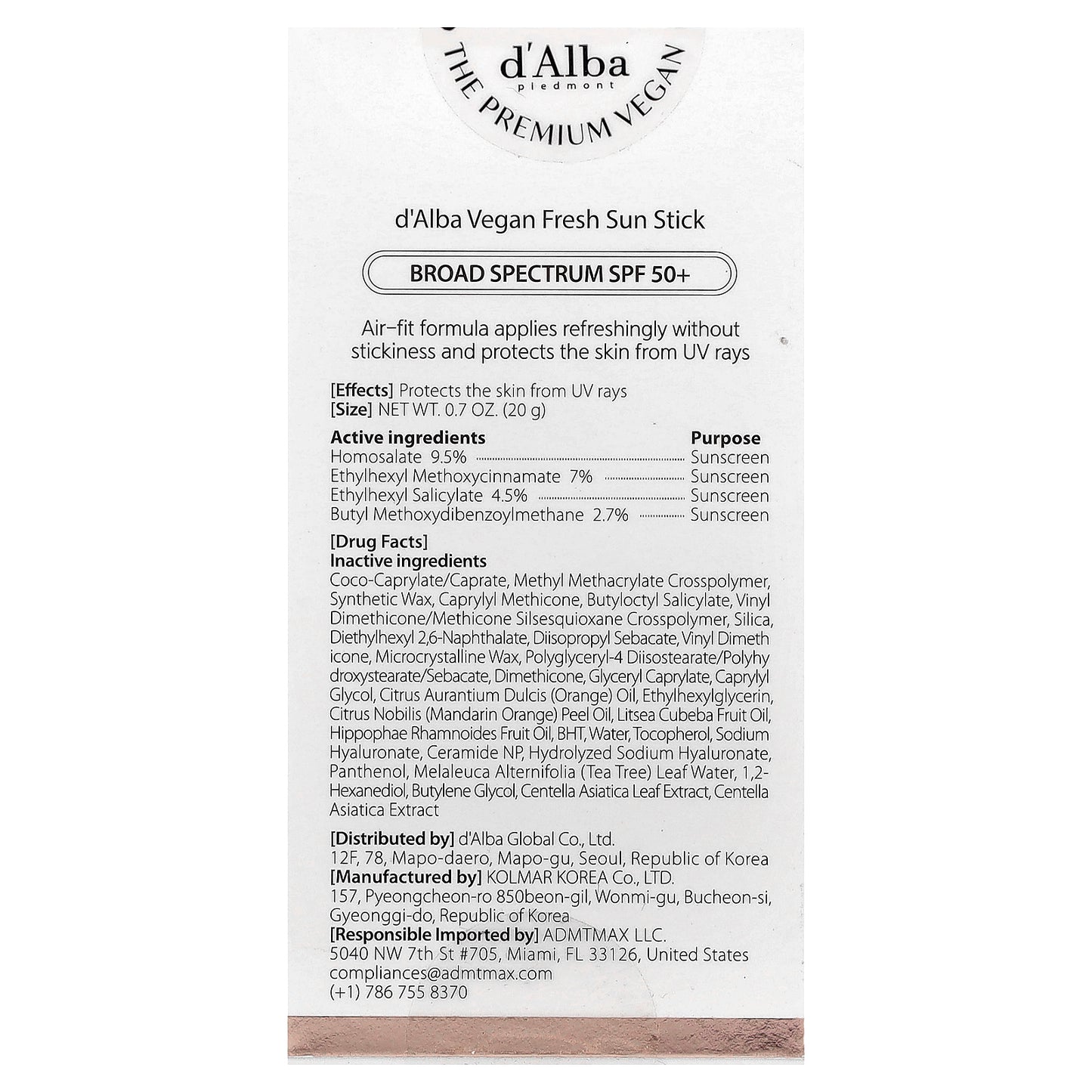 d'Alba, Vegan Fresh Sun Stick, SPF 50+, 0.7 oz (20 g)