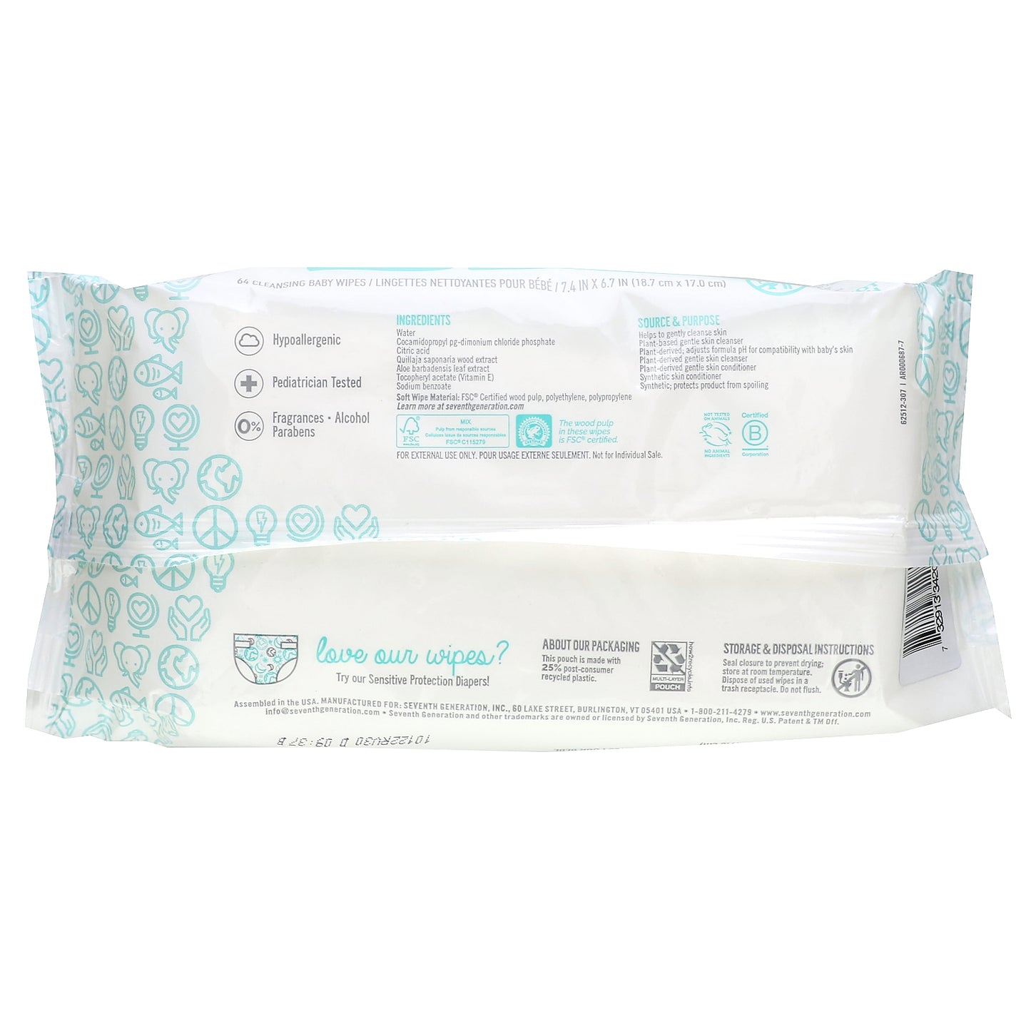 Seventh Generation, Sensitive Protection Cleansing Baby Wipes, 64 Wipes