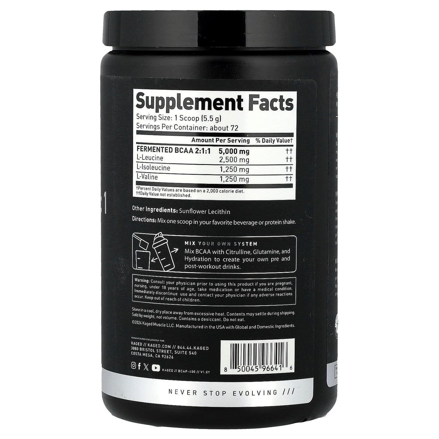 Kaged, BCAA 2:1:1, Unflavored, 14.2 oz (403.2 g)