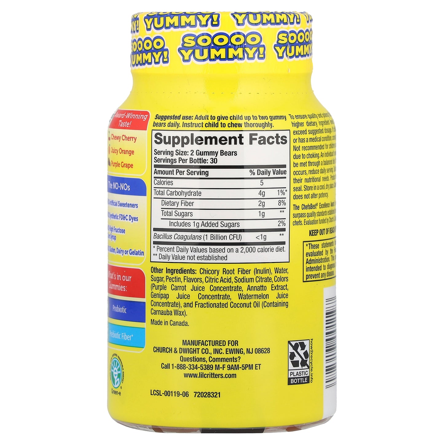 L'il Critters, Probiotic With Prebiotic Fiber, Cherry, Orange & Grape Flavor, 60 Gummies (0.5 Billion CFU per Gummy)
