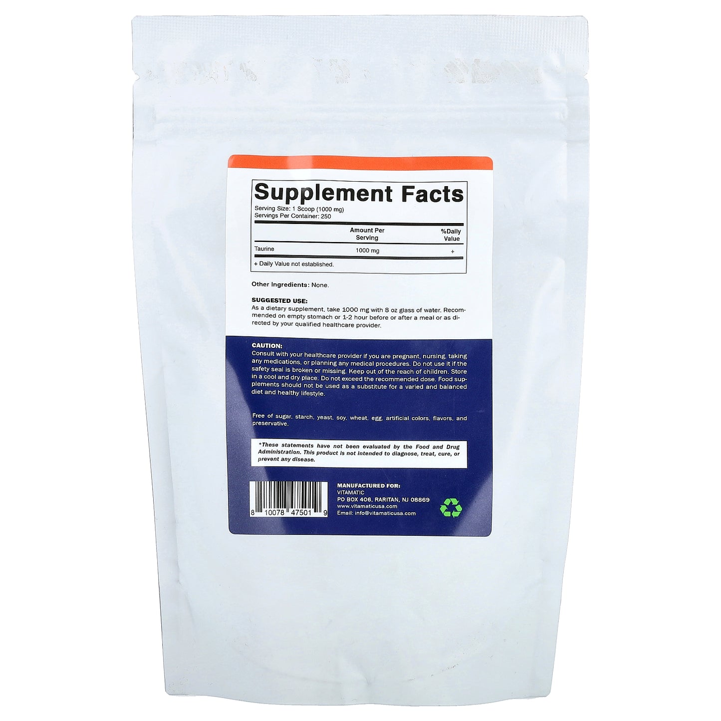 Vitamatic, Taurine Powder, Unflavored, 8.8 oz (250 g)