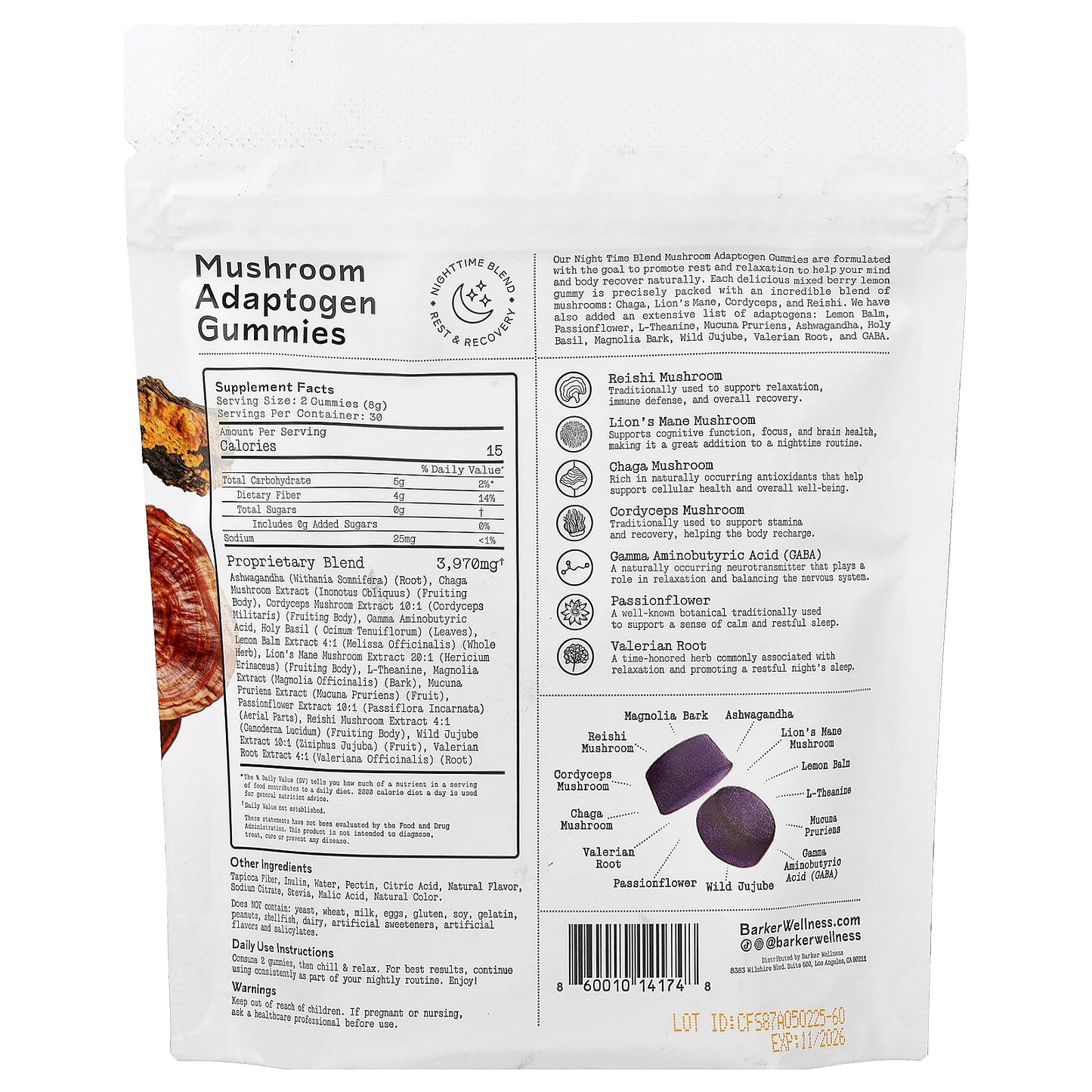 Barker Wellness Co, Nighttime Blend, Mushroom Adaptogen Gummies, Mixed Berry Lemon, 60 Gummies