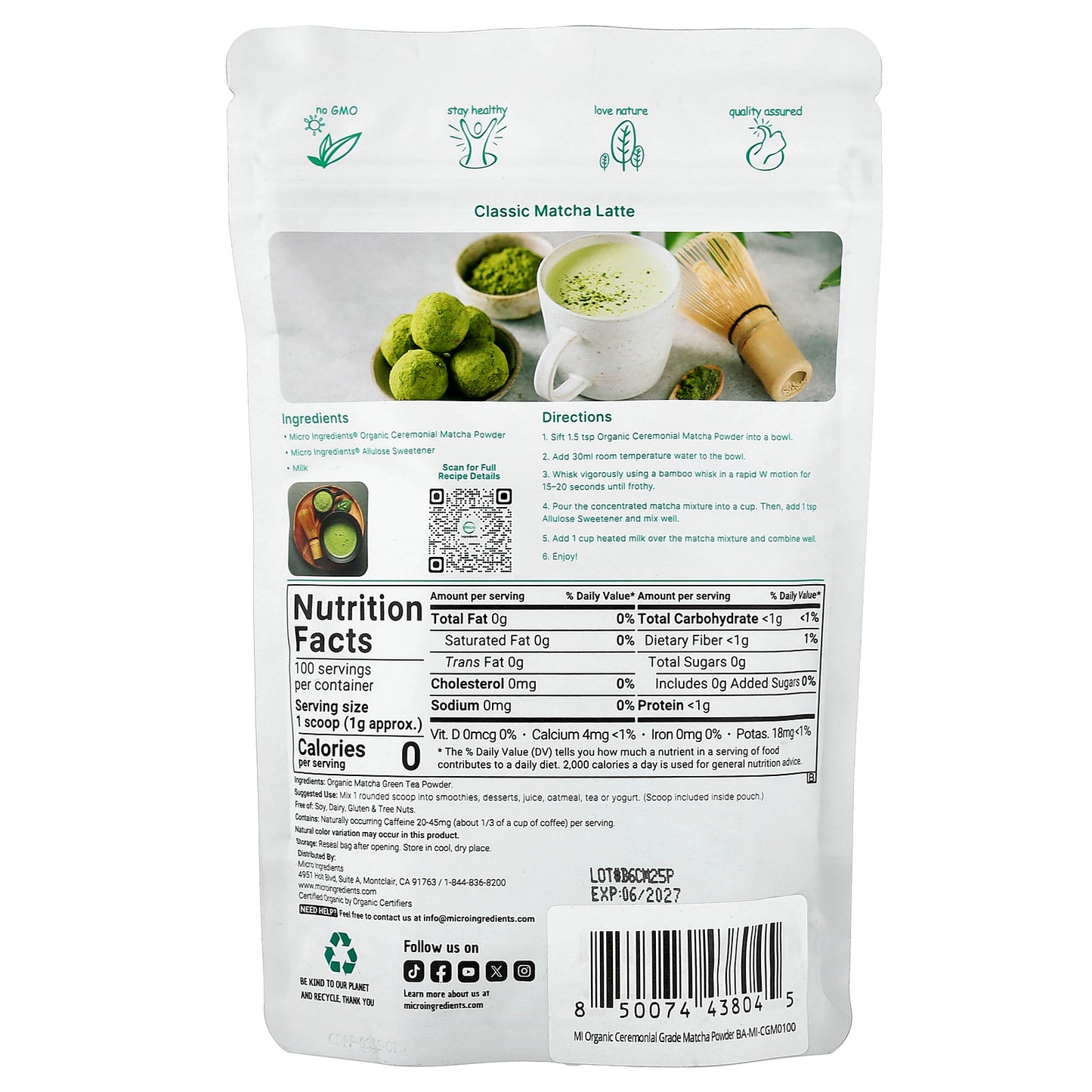 Micro Ingredients, Organic Ceremonial Grade Matcha Powder, 3.53 oz (100 g)