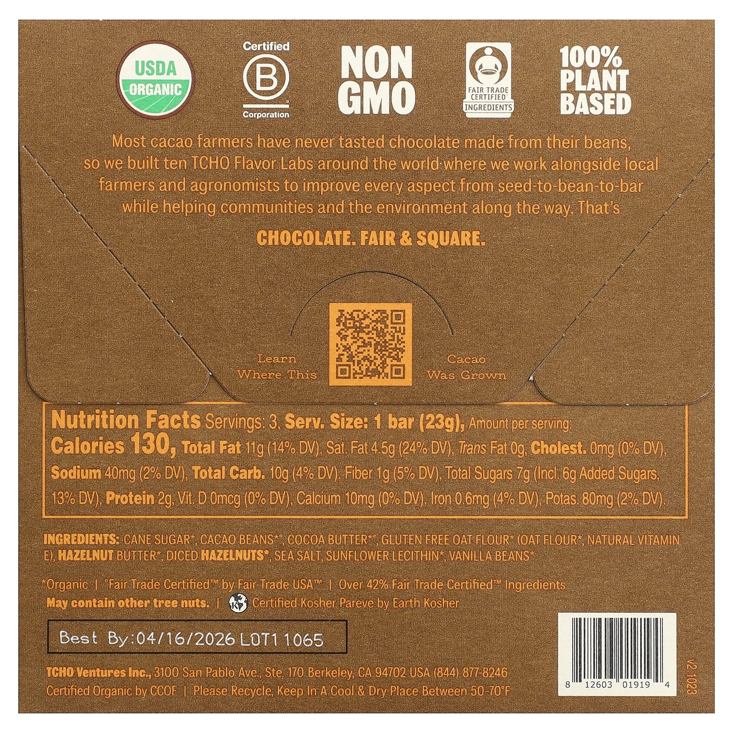 TCHO, Hazel Nuts, Smooth Oat Milk Chocolate, 47% Cacao, 3 Bars, 0.83 oz Each