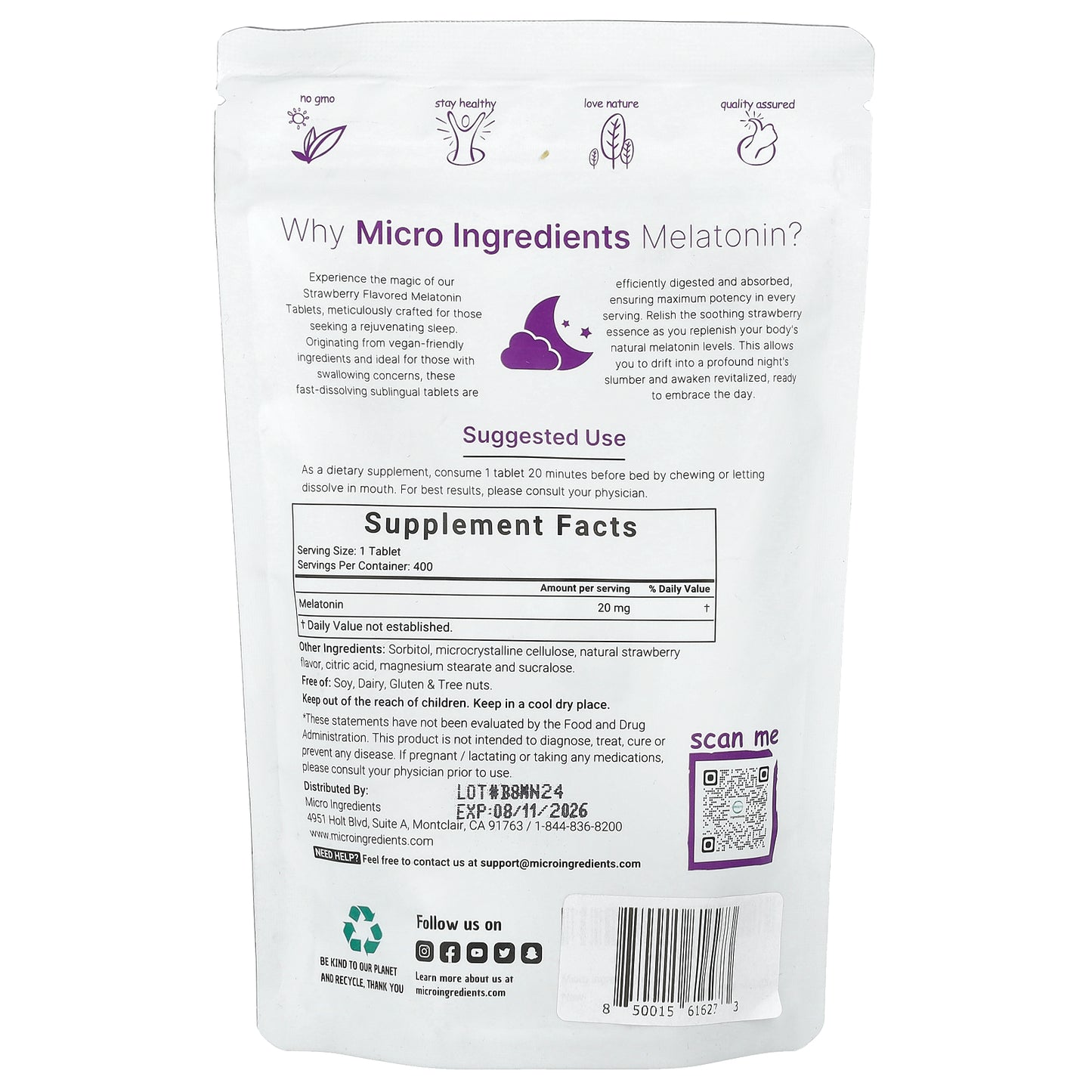 Micro Ingredients, Melatonin, Strawberry, 20 mg, 400 Tablets