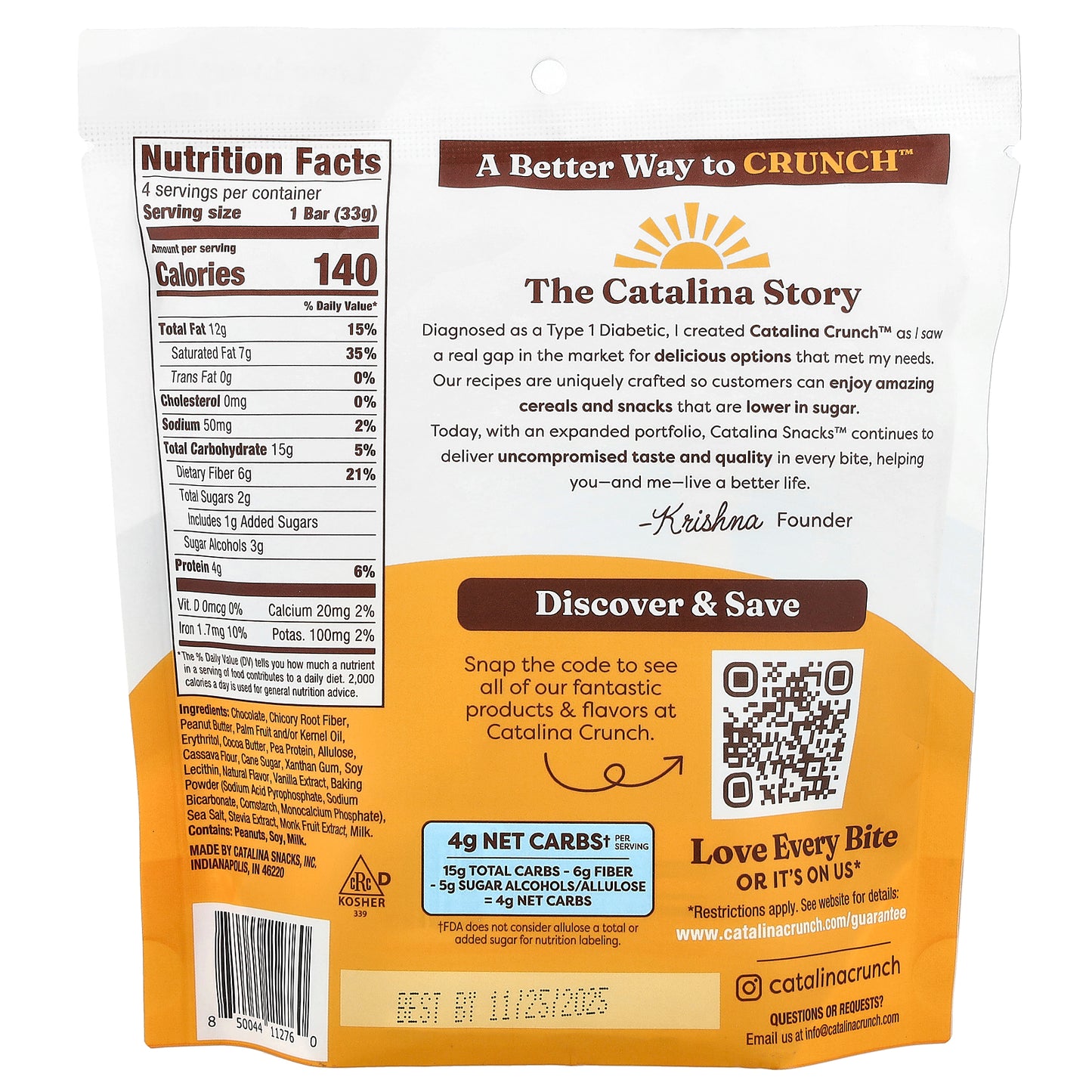 Catalina Crunch, Chocolate Cookie Bar, Peanut Butter, 4 Bars, 1.16 oz (33 g) Each